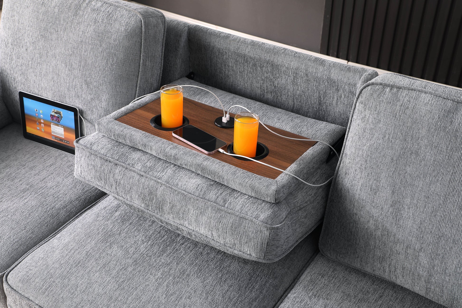 Mackenzie 91"W Light Gray Chenille Fabric Sleeper Sectional With Right Facing Storage Chaise, Drop Down Table, Cup Holders And Charging Ports Light Gray Chenille 3 Seat