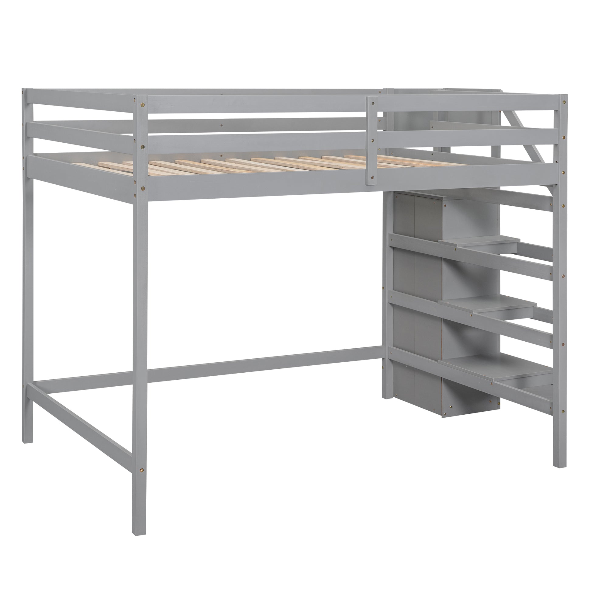 Full Size Loft Bed With Built In Storage Wardrobe And Staircase, Gray Old Sku:Sm000527Aae Box Spring Not Required Full Gray Wood Bedroom Pine