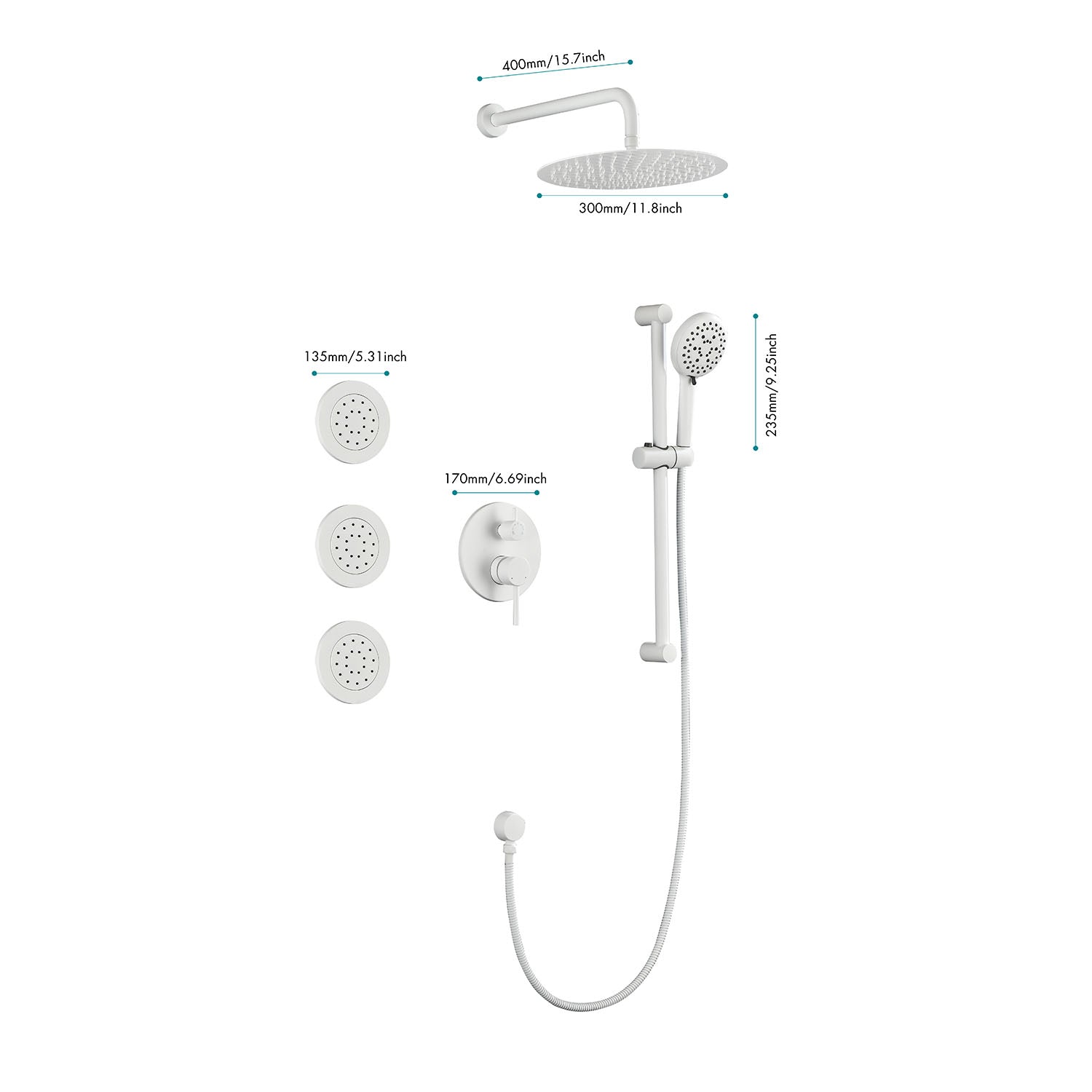 Shower System With Shower Head, Hand Shower, Slide Bar, Bodysprays, Shower Arm, Hose, Valve Trim, And Lever Handles White Wall Mounted Bathroom Brass
