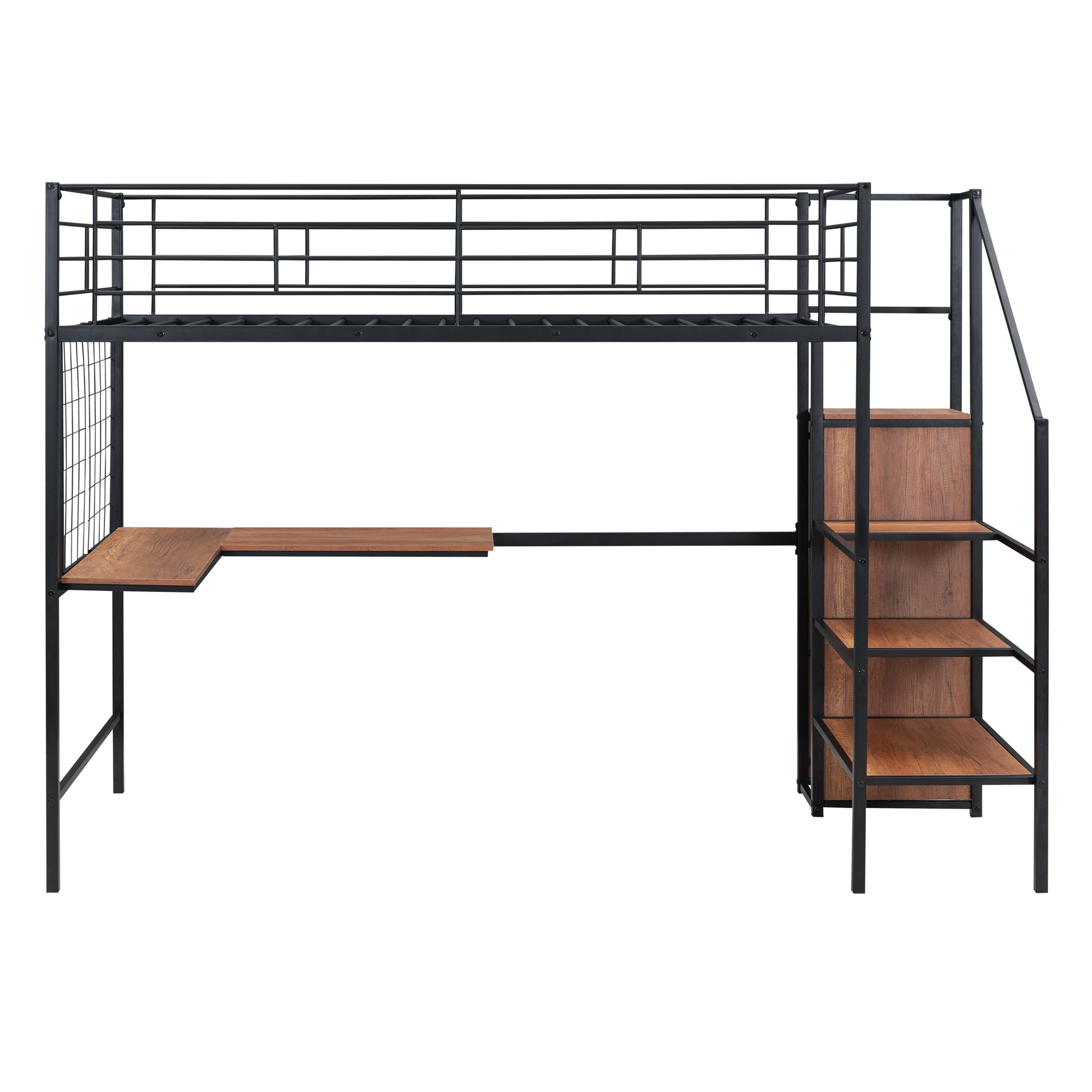 Twin Size Metal Loft Bed With Desk And Metal Grid, Stylish Metal Frame Bed With Lateral Storage Ladder And Wardrobe, Black Black Mdf Metal