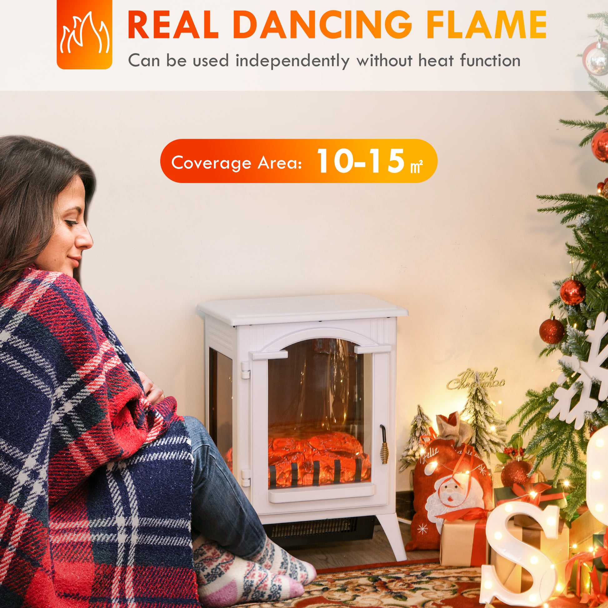 23" Electric Fireplace Heater, Fire Place Stove With Realistic Led Flames And Logs And Overheating Protection, 750W 1500W, White White Metal
