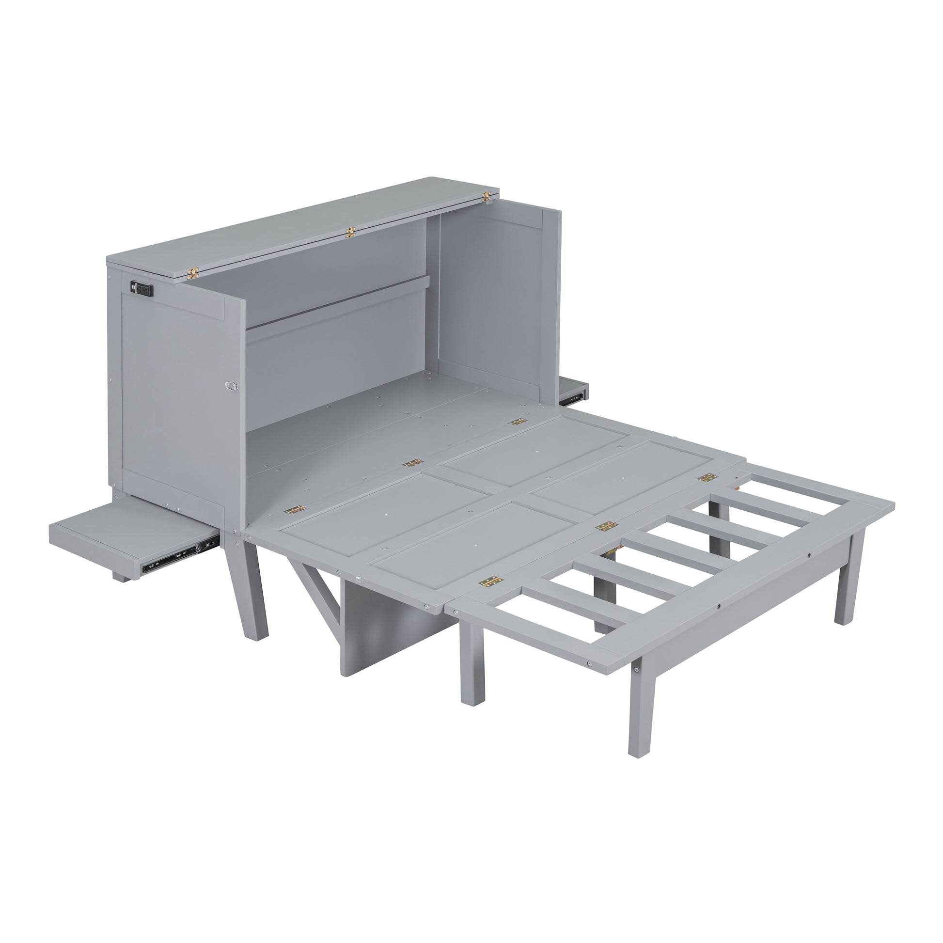 Full Size Murphy Bed With Usb Port And Removable Shelves On Each Side,Gray Gray Solid Wood Mdf