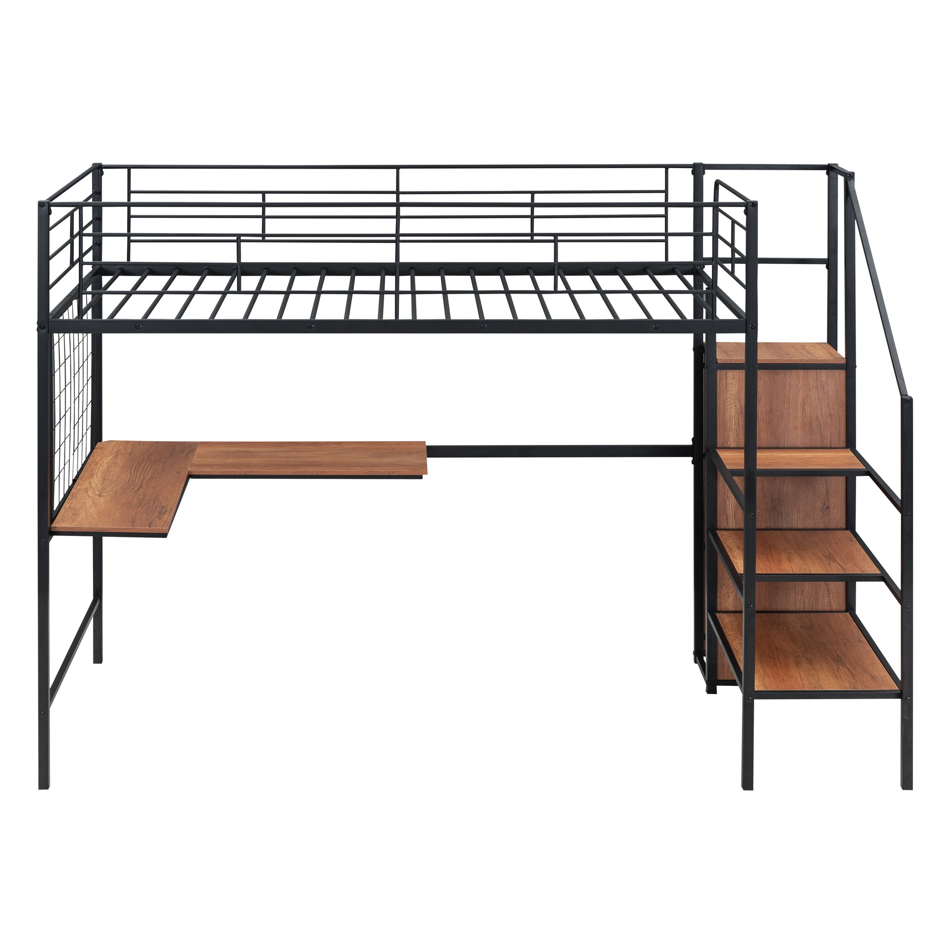 Twin Size Metal Loft Bed With Desk And Metal Grid, Stylish Metal Frame Bed With Lateral Storage Ladder And Wardrobe, Black Black Mdf Metal