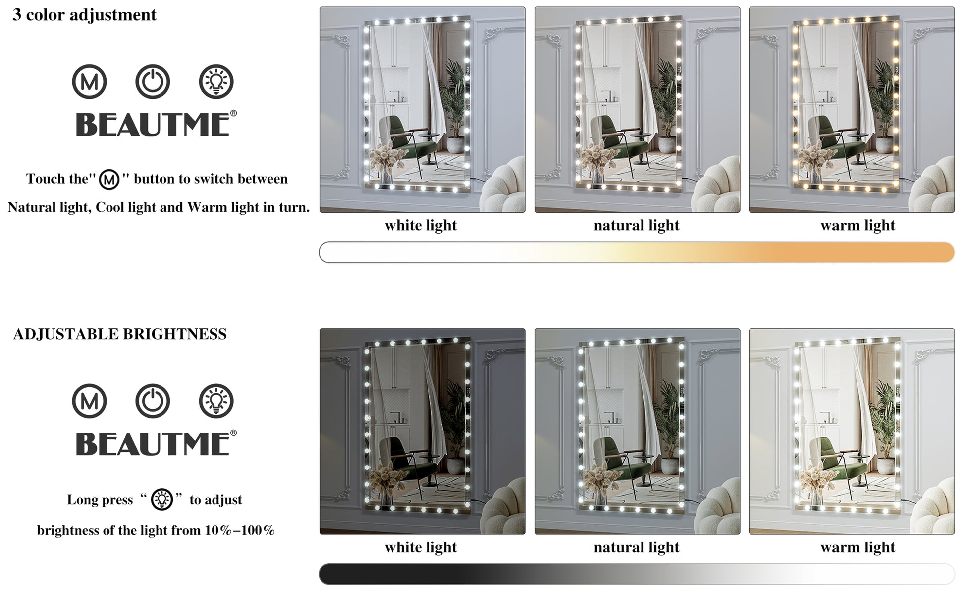 Hollywood Led Full Body Mirror With Lights Extra Large Full Length Vanity Mirror With 3 Color Mode Lights, Vertical Horizontal Hanging Aluminum Mirror For Dressing Rooms, Bedroom Silver, 72X48