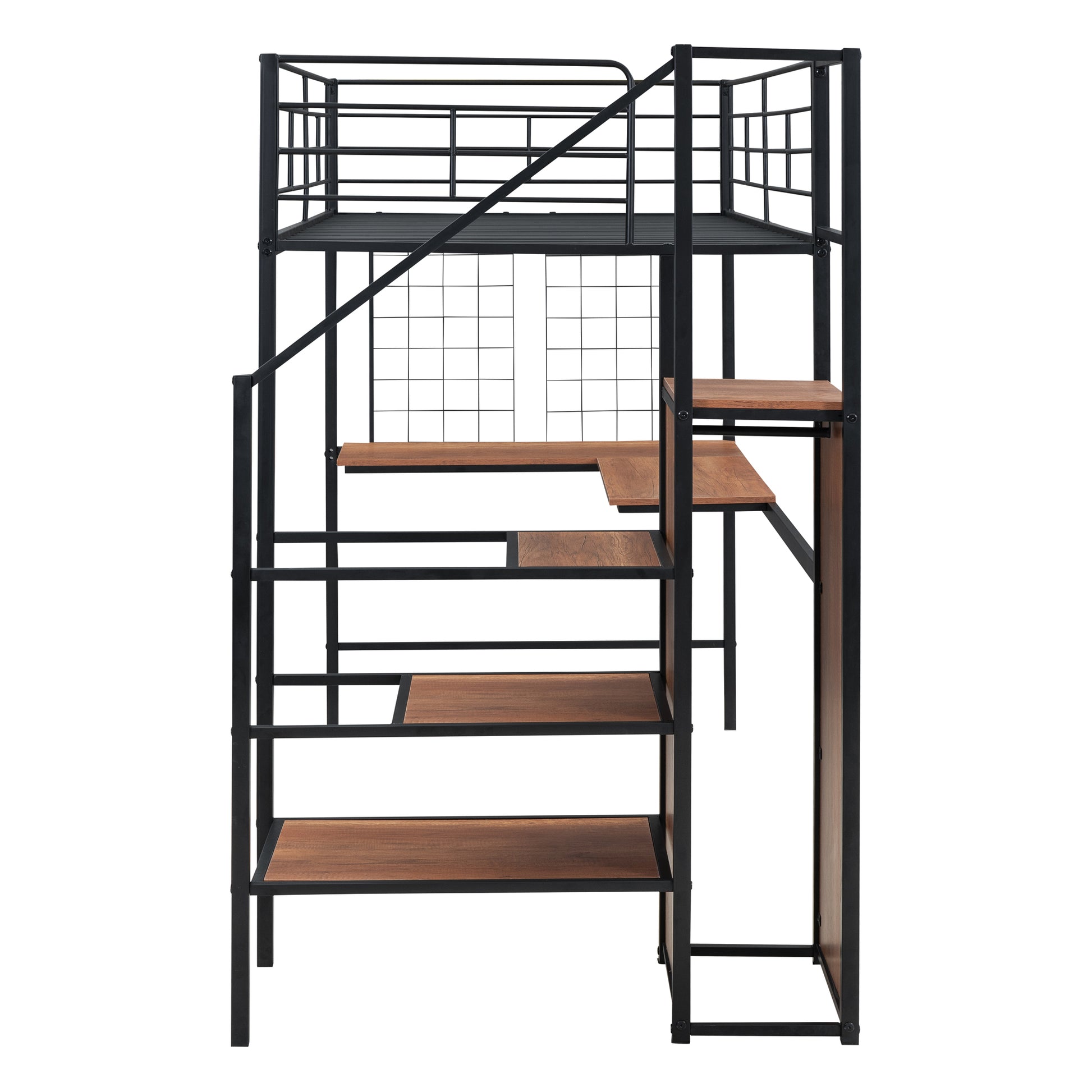 Twin Size Metal Loft Bed With Desk And Metal Grid, Stylish Metal Frame Bed With Lateral Storage Ladder And Wardrobe, Black Black Mdf Metal