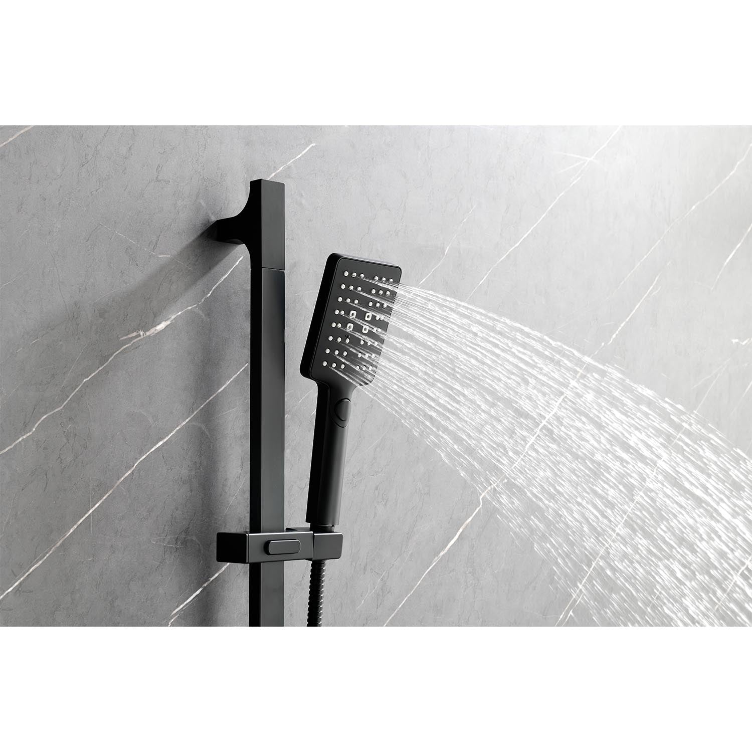 Shower System With Shower Head, Hand Shower, Slide Bar, Bodysprays, Shower Arm, Hose, Valve Trim, And Lever Handles Matte Black Wall Mounted Bathroom Brass