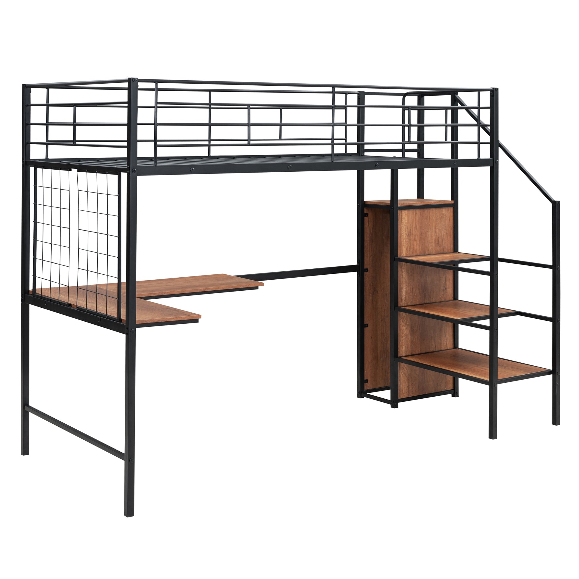 Twin Size Metal Loft Bed With Desk And Metal Grid, Stylish Metal Frame Bed With Lateral Storage Ladder And Wardrobe, Black Black Mdf Metal