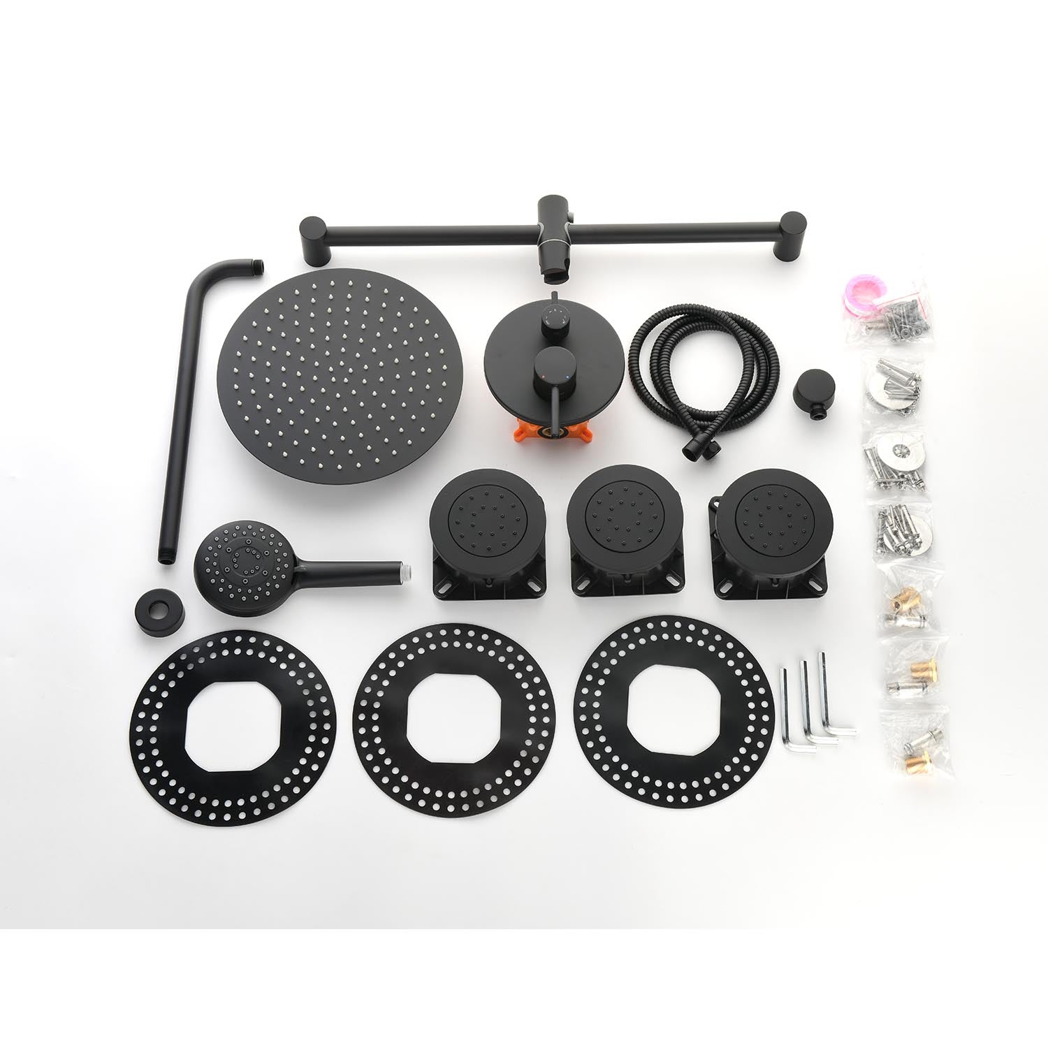 Shower System With Shower Head, Hand Shower, Slide Bar, Bodysprays, Shower Arm, Hose, Valve Trim, And Lever Handles Matte Black Wall Mounted Bathroom Brass