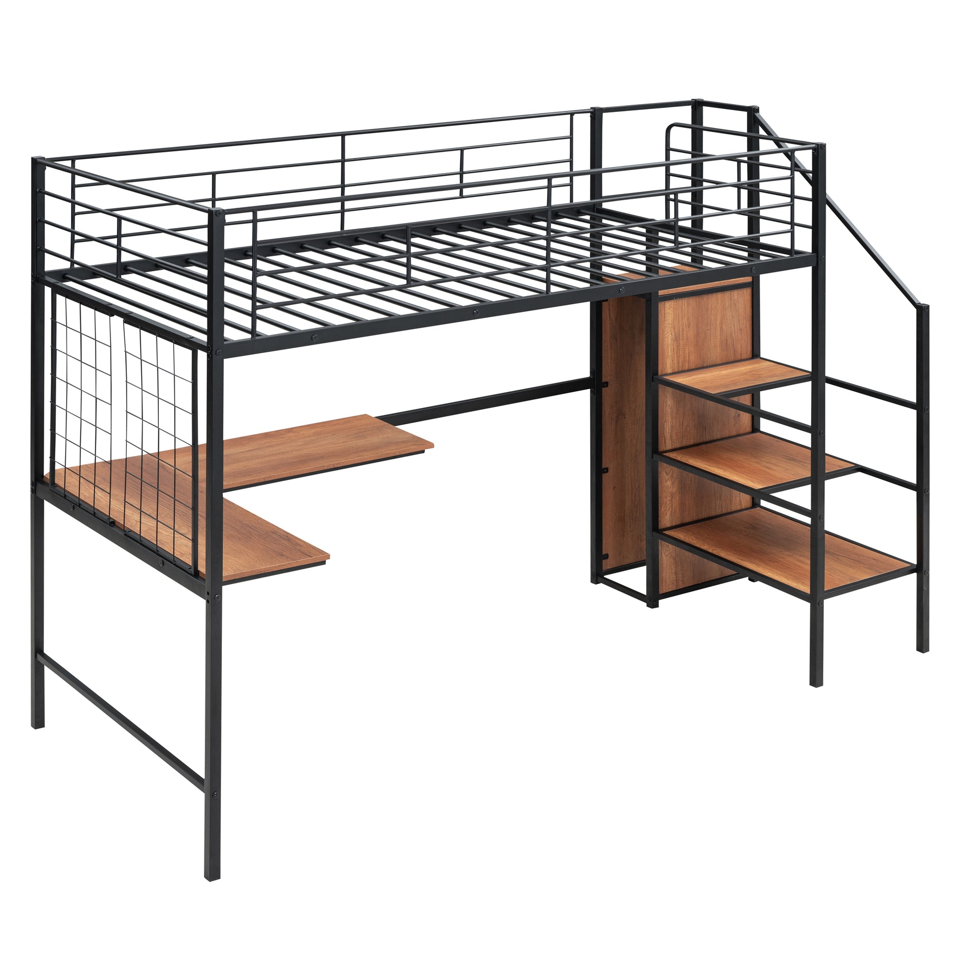 Twin Size Metal Loft Bed With Desk And Metal Grid, Stylish Metal Frame Bed With Lateral Storage Ladder And Wardrobe, Black Black Mdf Metal