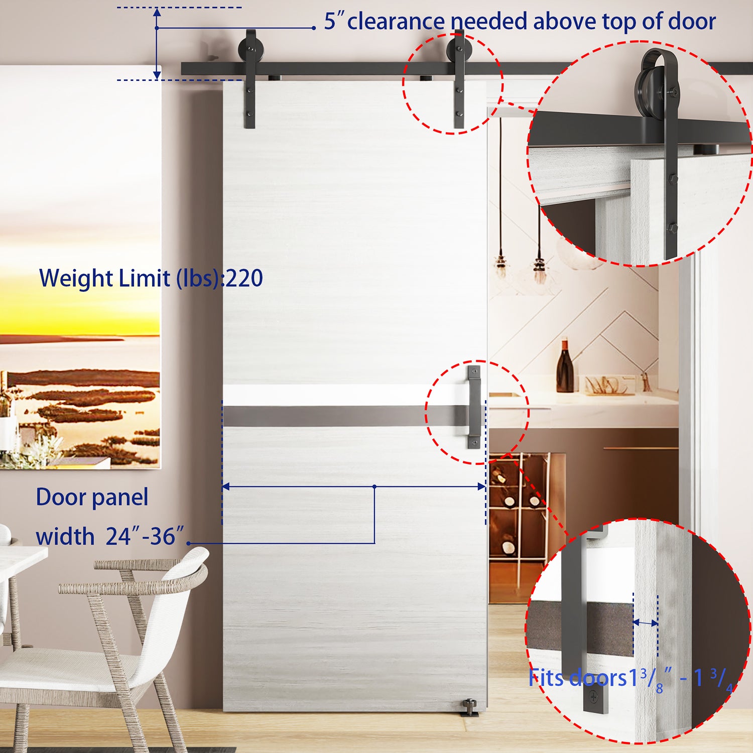 36" X 84" Melamine Integrated Door Slab 6.6Ft Sliding Track Kit Adjustable Floor Guider Pull Handle, Modern Interior Door Panel, Protected By 2Mm Thick Melamine Layer, Moisture Proof Gray Melamine