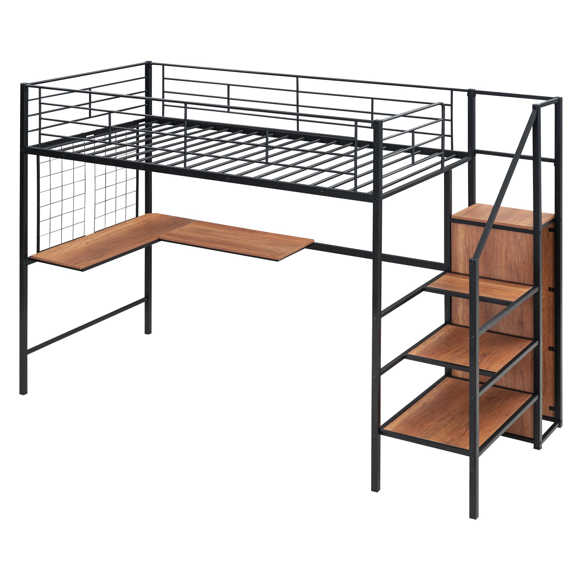 Twin Size Metal Loft Bed With Desk And Metal Grid, Stylish Metal Frame Bed With Lateral Storage Ladder And Wardrobe, Black Black Mdf Metal
