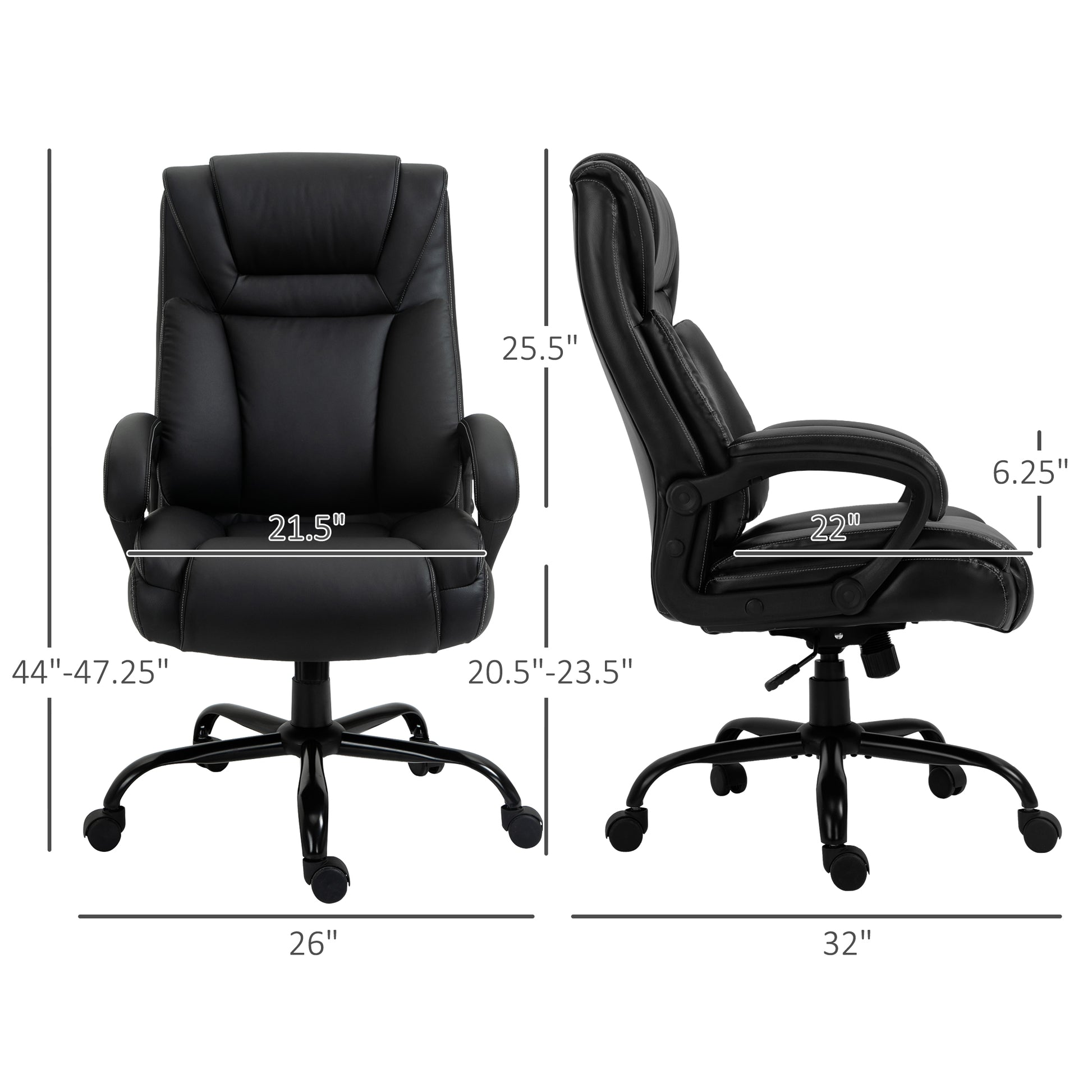 Big And Tall 400Lbs Executive Office Chair With Wide Seat, Computer Desk Chair With High Back Pu Leather Ergonomic Upholstery, Adjustable Height And Swivel Wheels, Black Black Faux Leather
