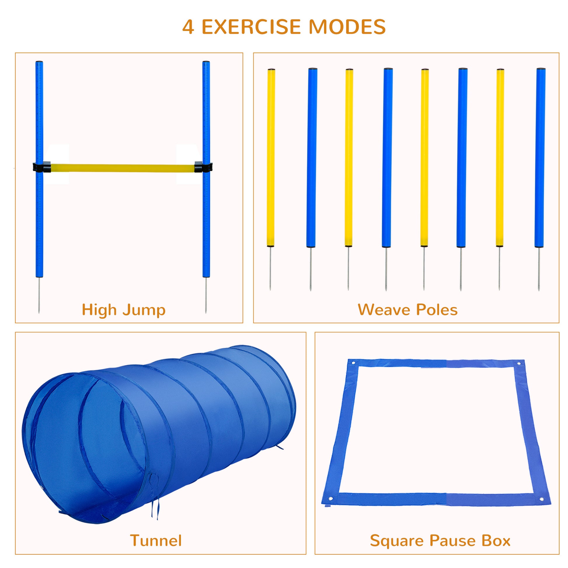 4Pc Obstacle Dog Agility Training Course With Jump Hurdle, Tunnel, Pause Box, Weave Poles And Carrying Bag, Backyard Competitive Equipment Blue Yellow Blue Polyester