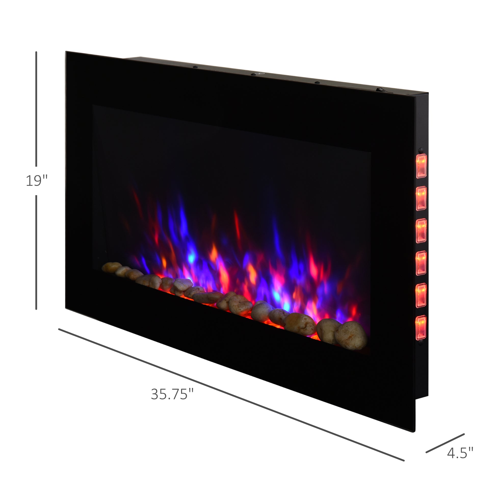 36" 1500W Electric Wall Mounted Fireplace With Flame Effect, 7 Color Background Light And Side Light, Black Black Metal