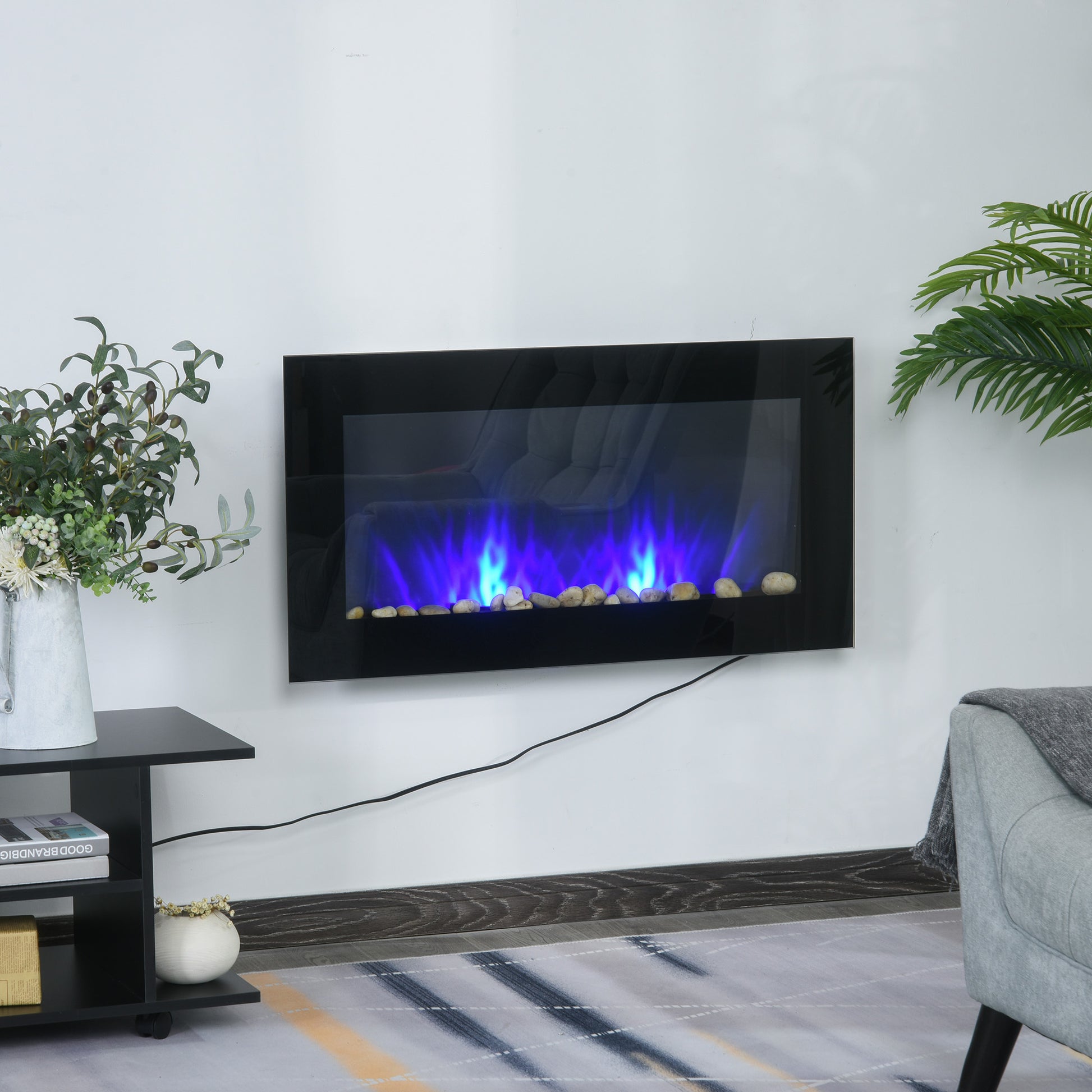 36" 1500W Electric Wall Mounted Fireplace With Flame Effect, 7 Color Background Light And Side Light, Black Black Metal