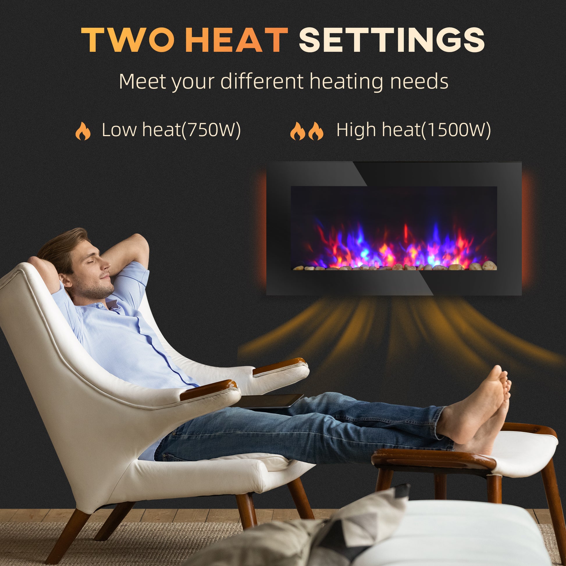 36" 1500W Electric Wall Mounted Fireplace With Flame Effect, 7 Color Background Light And Side Light, Black Black Metal