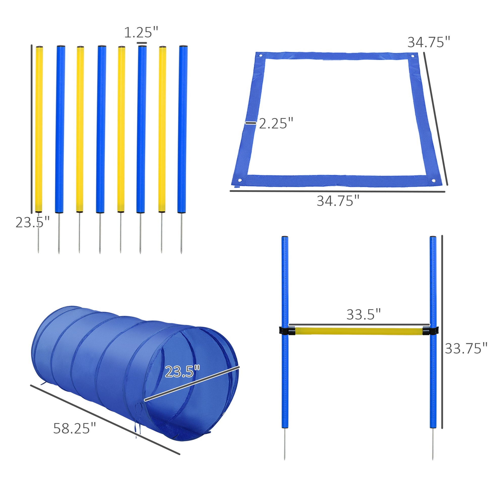 4Pc Obstacle Dog Agility Training Course With Jump Hurdle, Tunnel, Pause Box, Weave Poles And Carrying Bag, Backyard Competitive Equipment Blue Yellow Blue Polyester