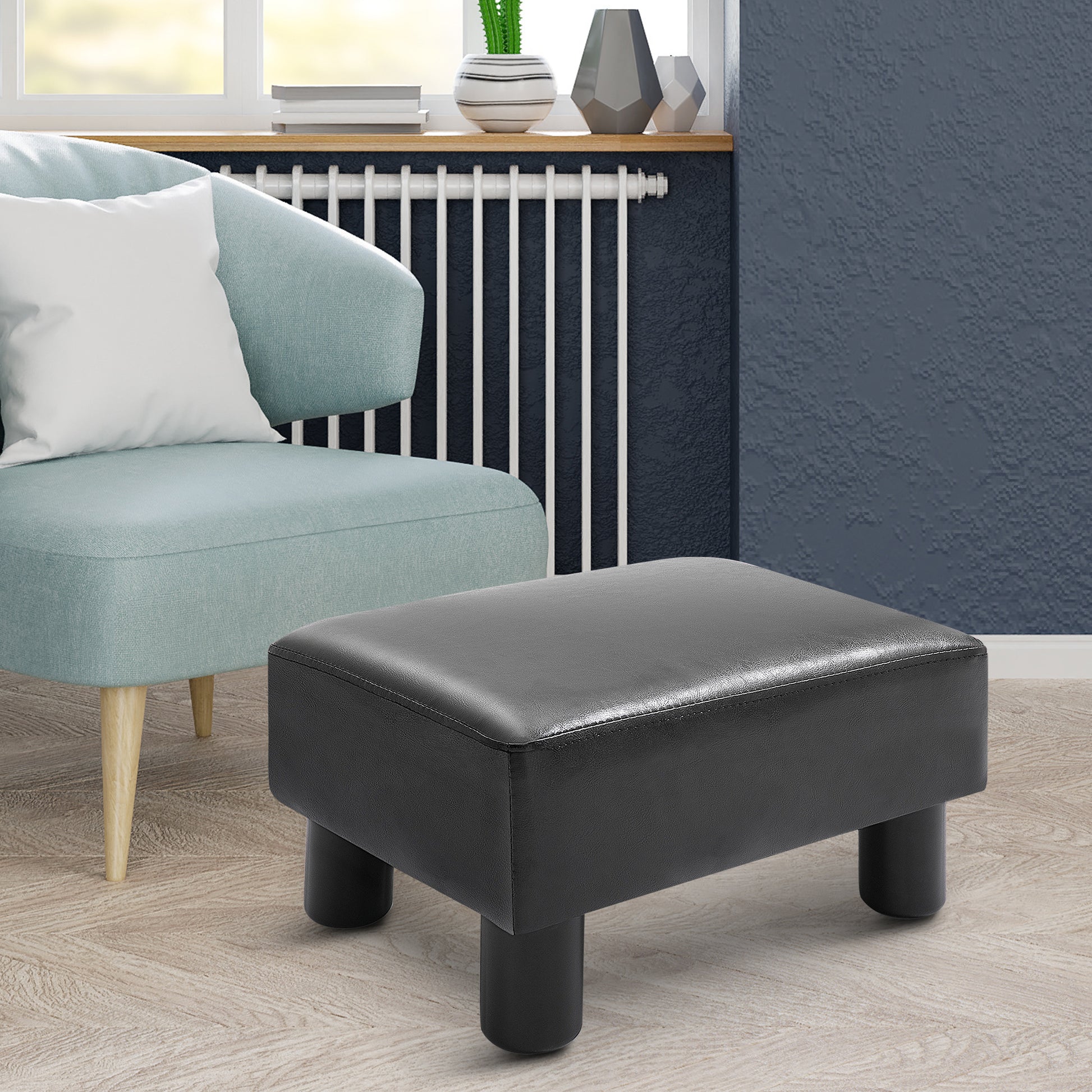 Ottoman Foot Rest, Small Foot Stool With Faux Leather Upholstery, Rectangular Ottoman Footrest With Padded Foam Seat And Plastic Legs, Bright Black Black Faux Leather