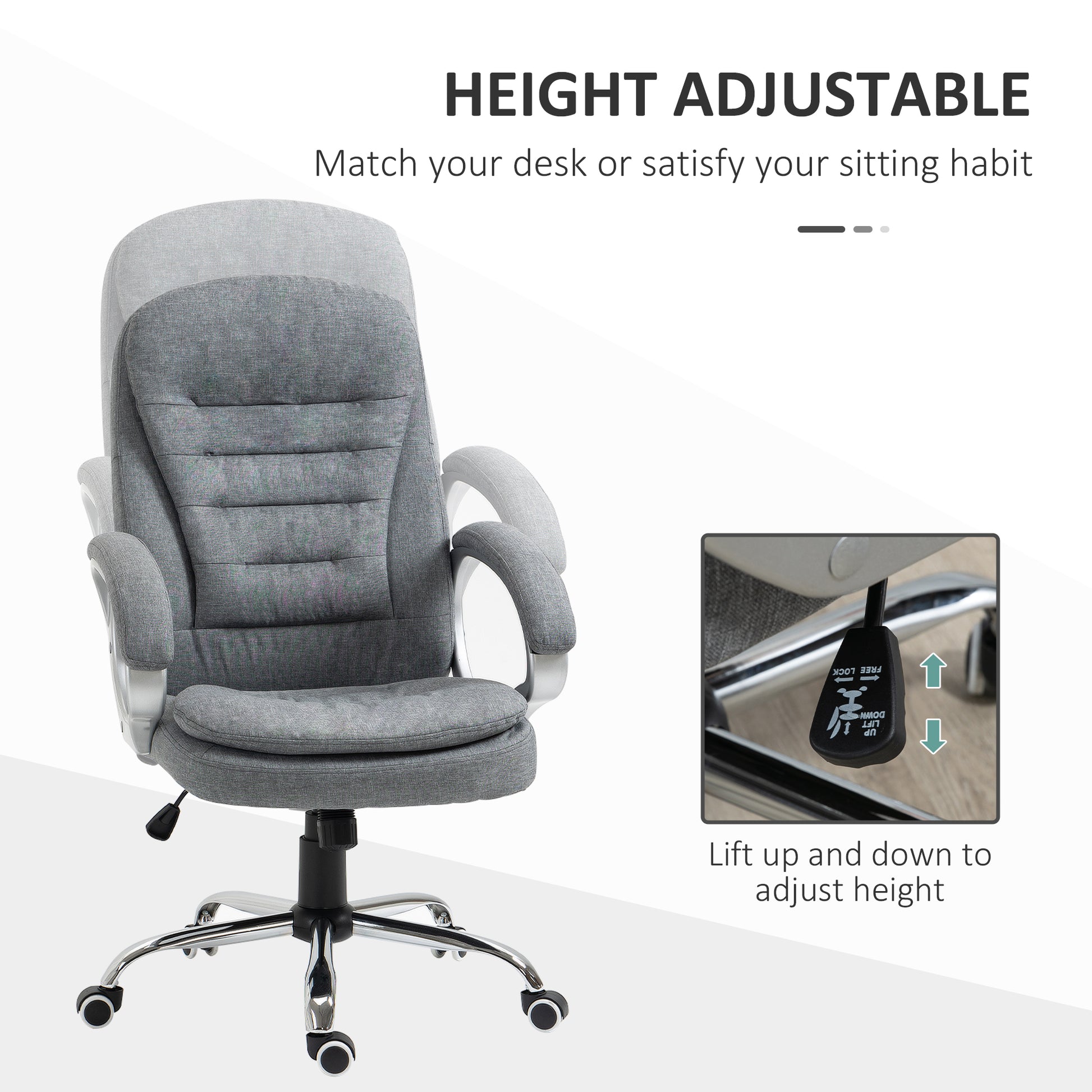 High Back Home Office Chair Executive Computer Chair With Adjustable Height, Upholstered Thick Padding Headrest And Armrest Grey Light Grey Foam