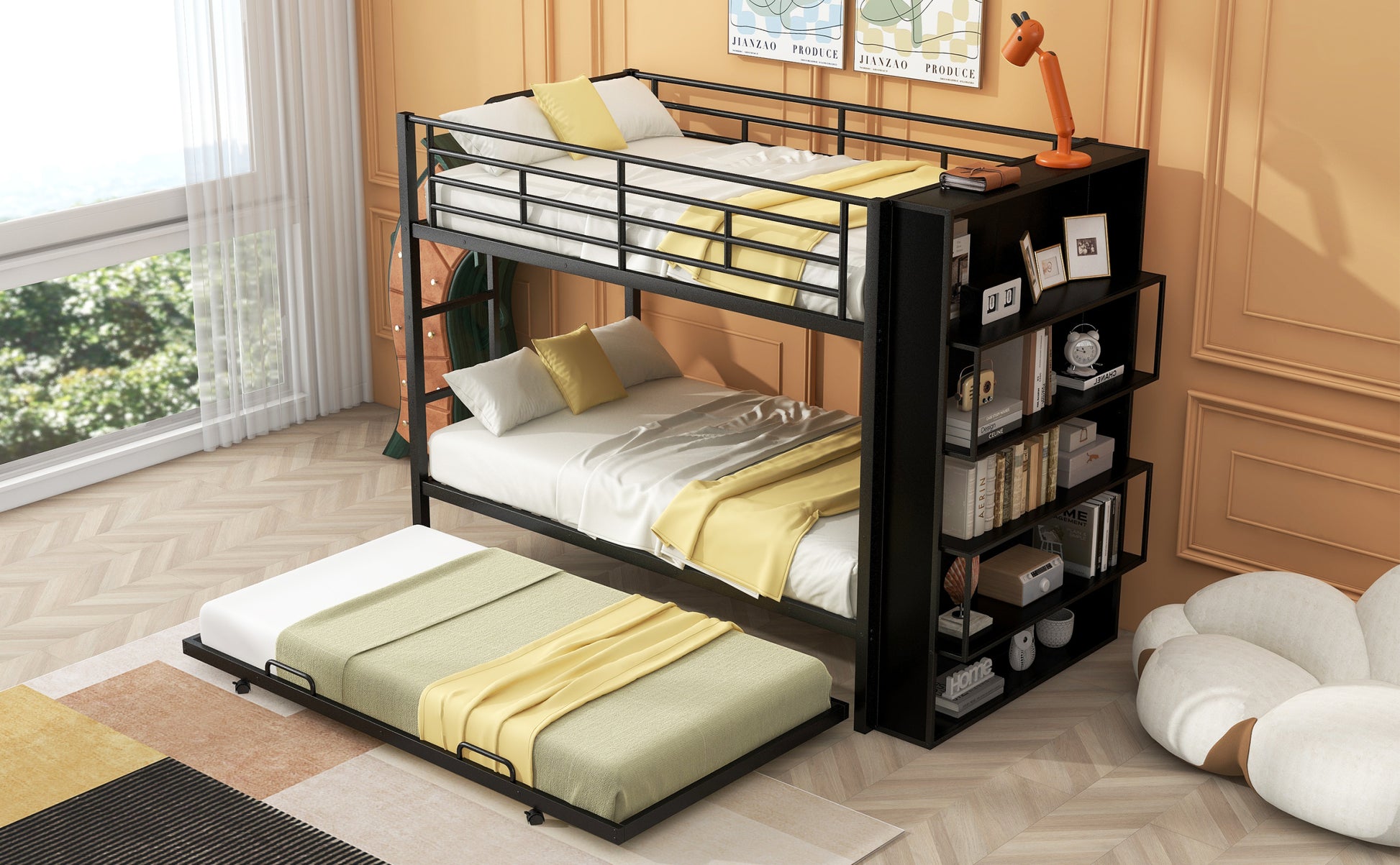 Metal Bunk Bed With Big Bookshelf, Twin, Black Black Metal