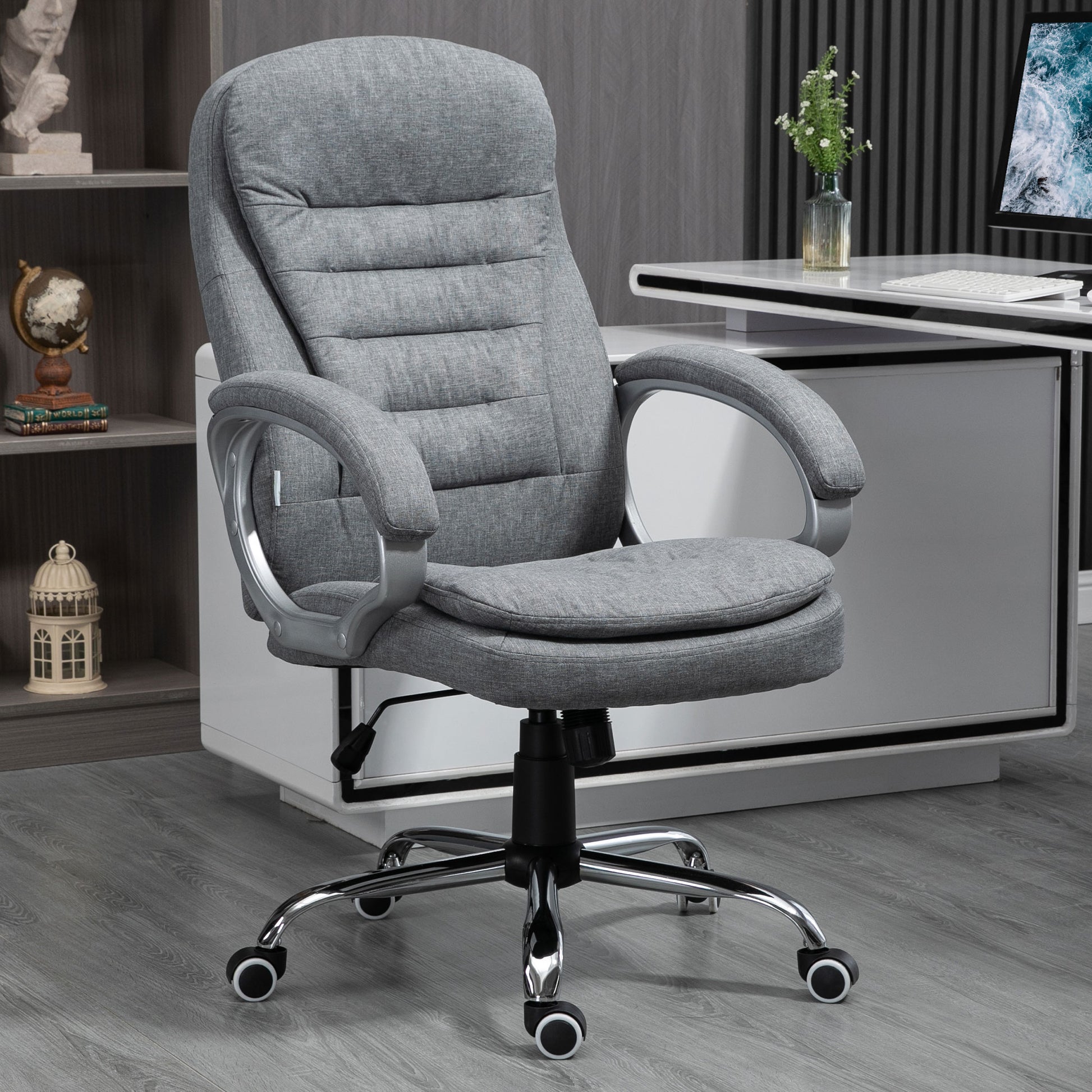 High Back Home Office Chair Executive Computer Chair With Adjustable Height, Upholstered Thick Padding Headrest And Armrest Grey Light Grey Foam