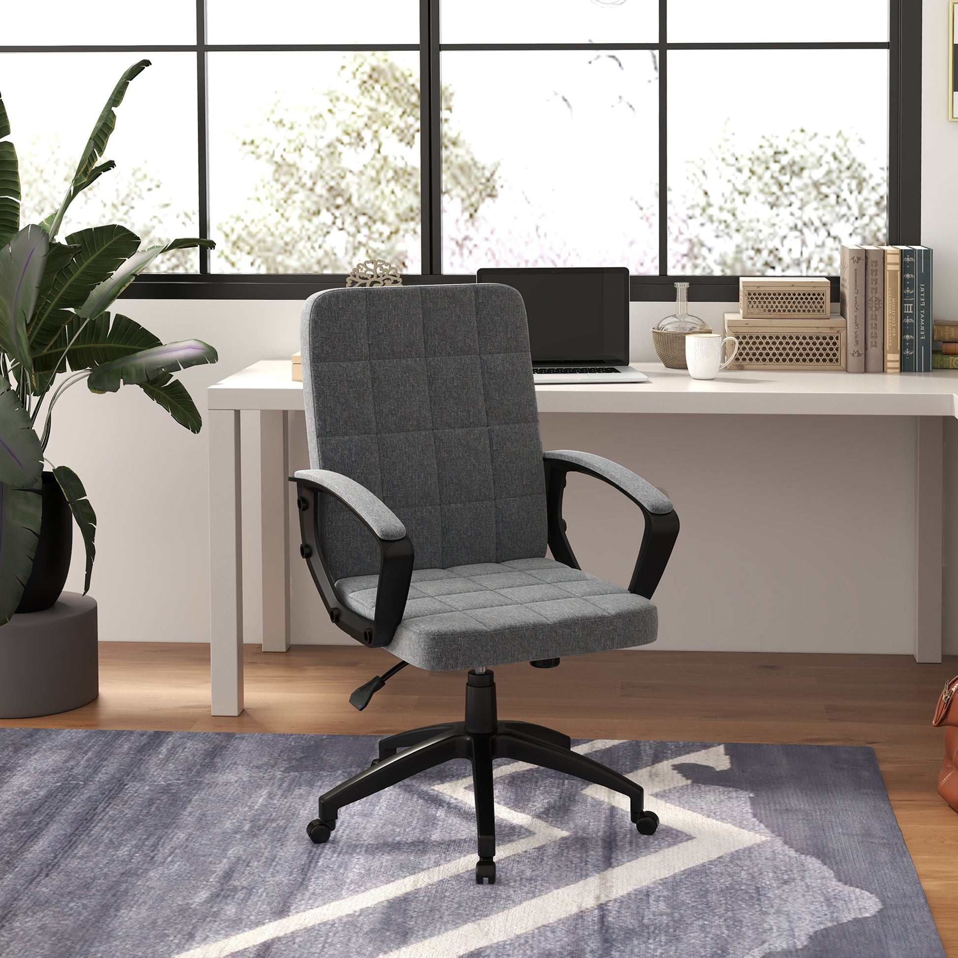 Fabric Office Chair, Computer Desk Chair, Swivel Task Chair With Arms, Adjustable Height, Swivel Wheels, Mid Back, Charcoal Gray Charcoal Grey Linen