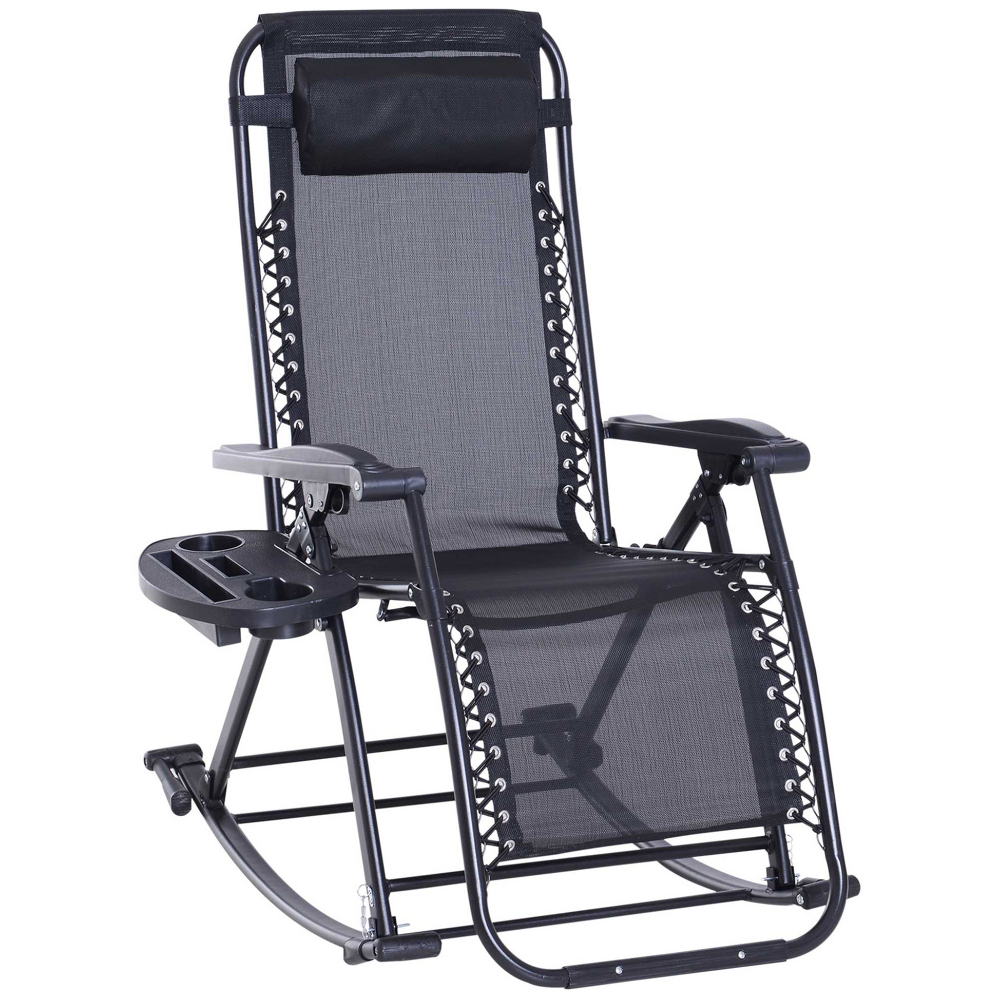 Outdoor Rocking Chairs, Foldable Reclining Anti Gravity Lounge Rocker W Pillow, Cup & Phone Holder, Combo Design W Folding Legs, Black Black Steel