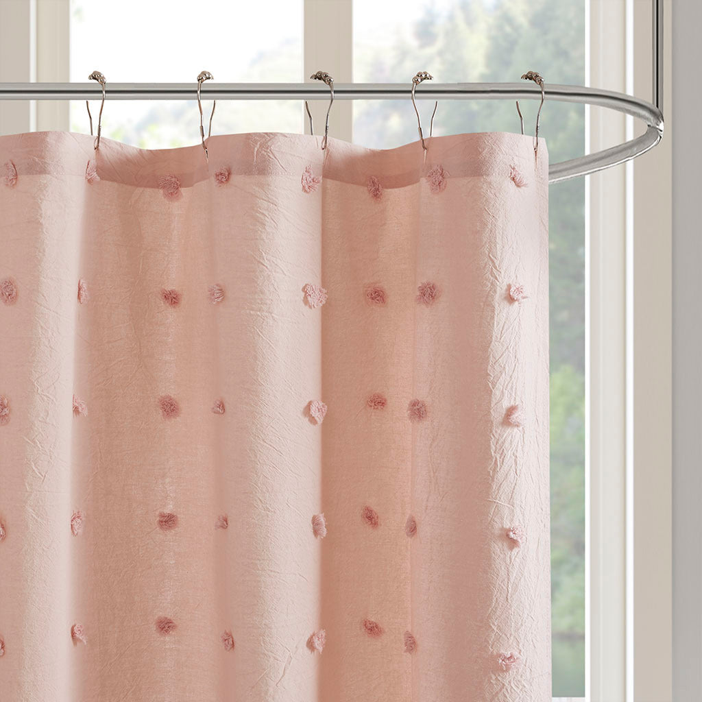 Brooklyn Cotton Jacquard Pom Pom Shower Curtain Pink Cotton