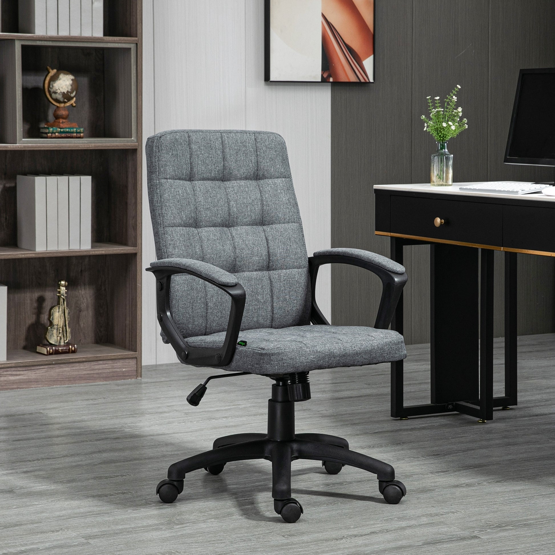 Fabric Office Chair, Computer Desk Chair, Swivel Task Chair With Arms, Adjustable Height, Swivel Wheels, Mid Back, Charcoal Gray Charcoal Grey Linen