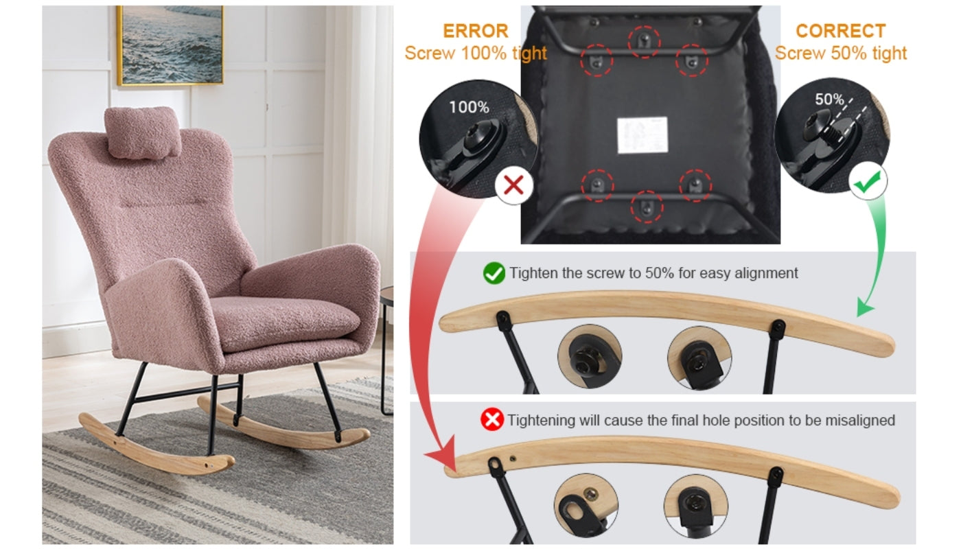 35.5 Inch Rocking Chair With Pocket, Soft Teddy Fabric Rocking Chair For Nursery, Comfy Wingback Glider Rocker With Safe Solid Wood Base For Living Room Bedroom Balcony Pink Pink Casual Foam Teddy