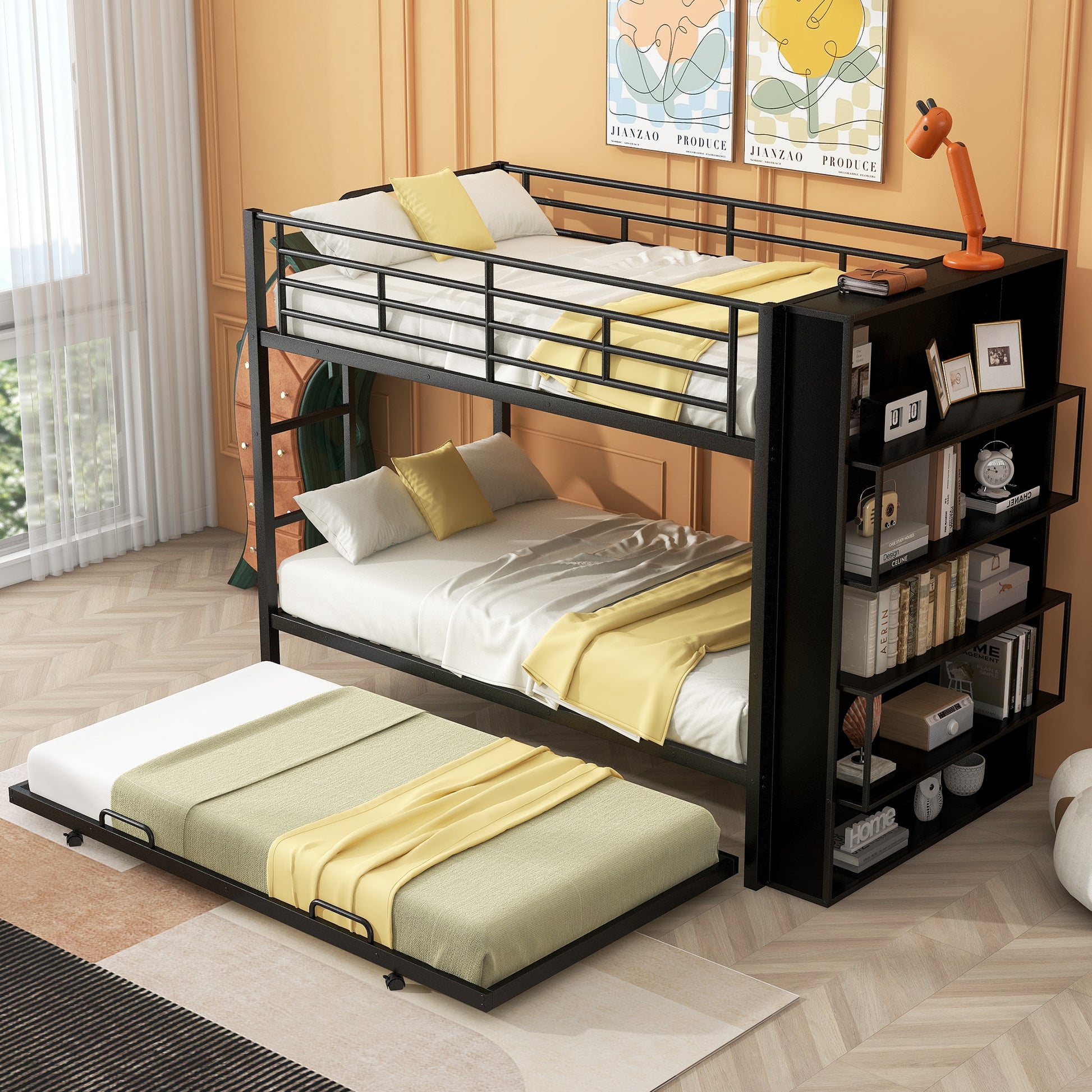 Metal Bunk Bed With Big Bookshelf, Twin, Black Black Metal