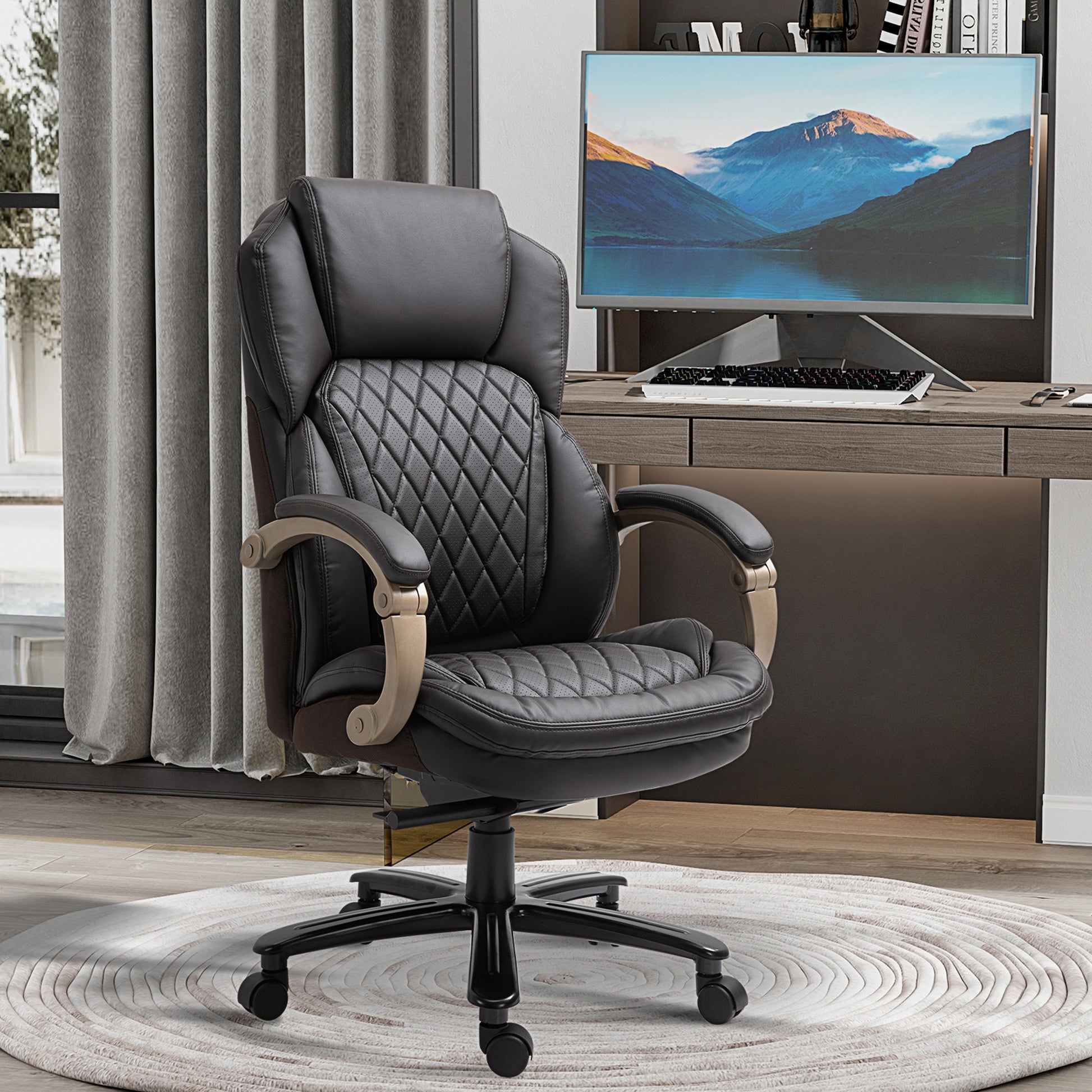 Big And Tall Executive Office Chair With Wide Seat, Computer Desk Chair With High Back Diamond Stitching, Adjustable Height & Swivel Wheels, Brown Brown Pu Leather