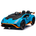 Lamborghini Huracan Sto 24V Kids Electric Ride On Drift Car: Speeds 1.86 5.59 Mph, Ages 3 8, Foam Front Wheels, 360 Spin, Led Lights, Dynamic Music, Early Learning, Usb Port, Drift Feature Blue Polypropylene
