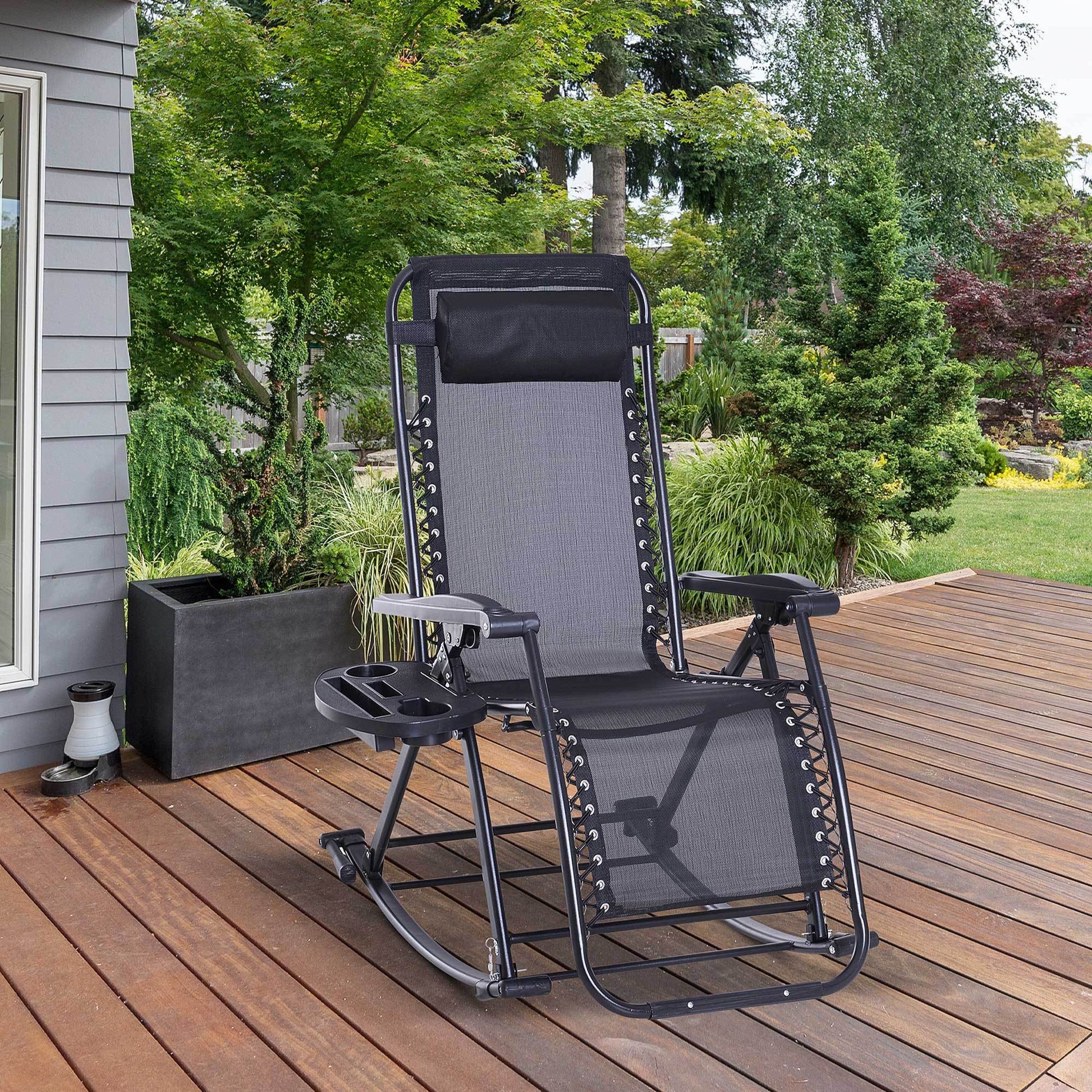 Outdoor Rocking Chairs, Foldable Reclining Anti Gravity Lounge Rocker W Pillow, Cup & Phone Holder, Combo Design W Folding Legs, Black Black Steel