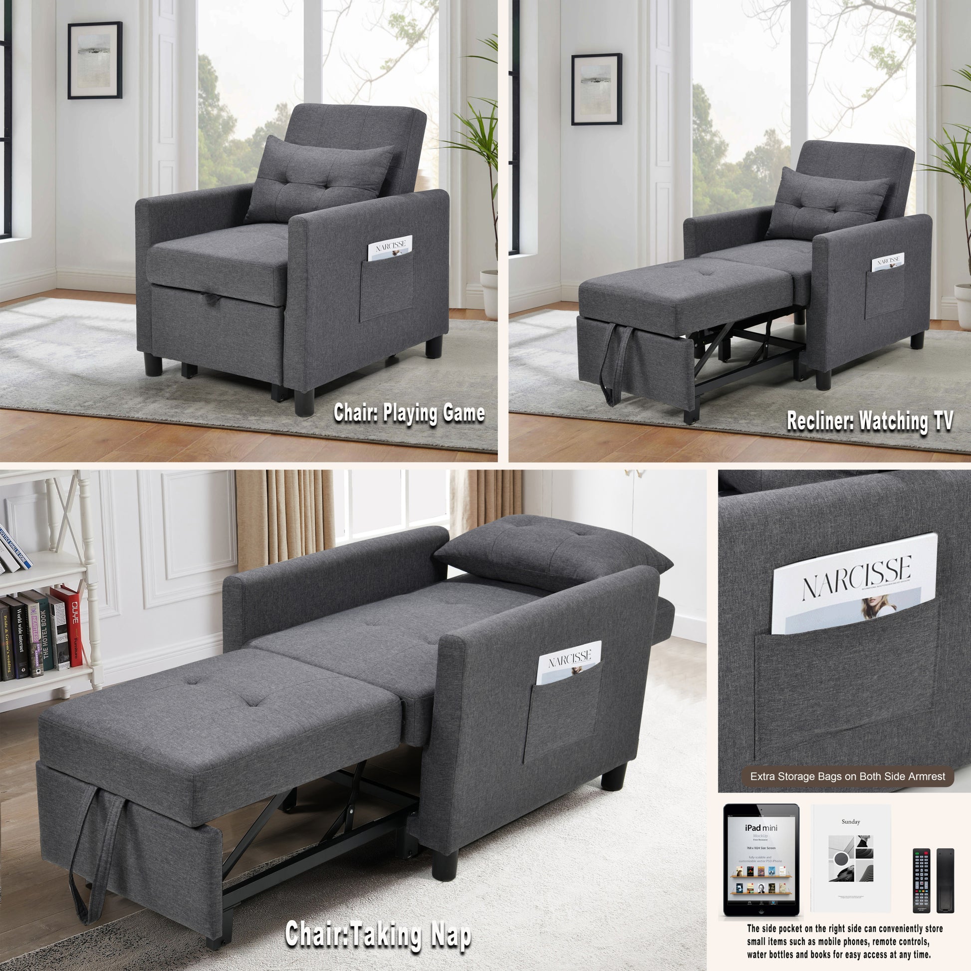 3 In 1 Convertible Futon Sofa Bed With Adjustable Backrest, Single Sofa Bed With Pull Out Sleeper, Convertible Futon Chair For Living Room, Side Bag And 1 Lumbar Pillow,Dark Gray Dark Gray Linen Wood Fabric 1 Seat