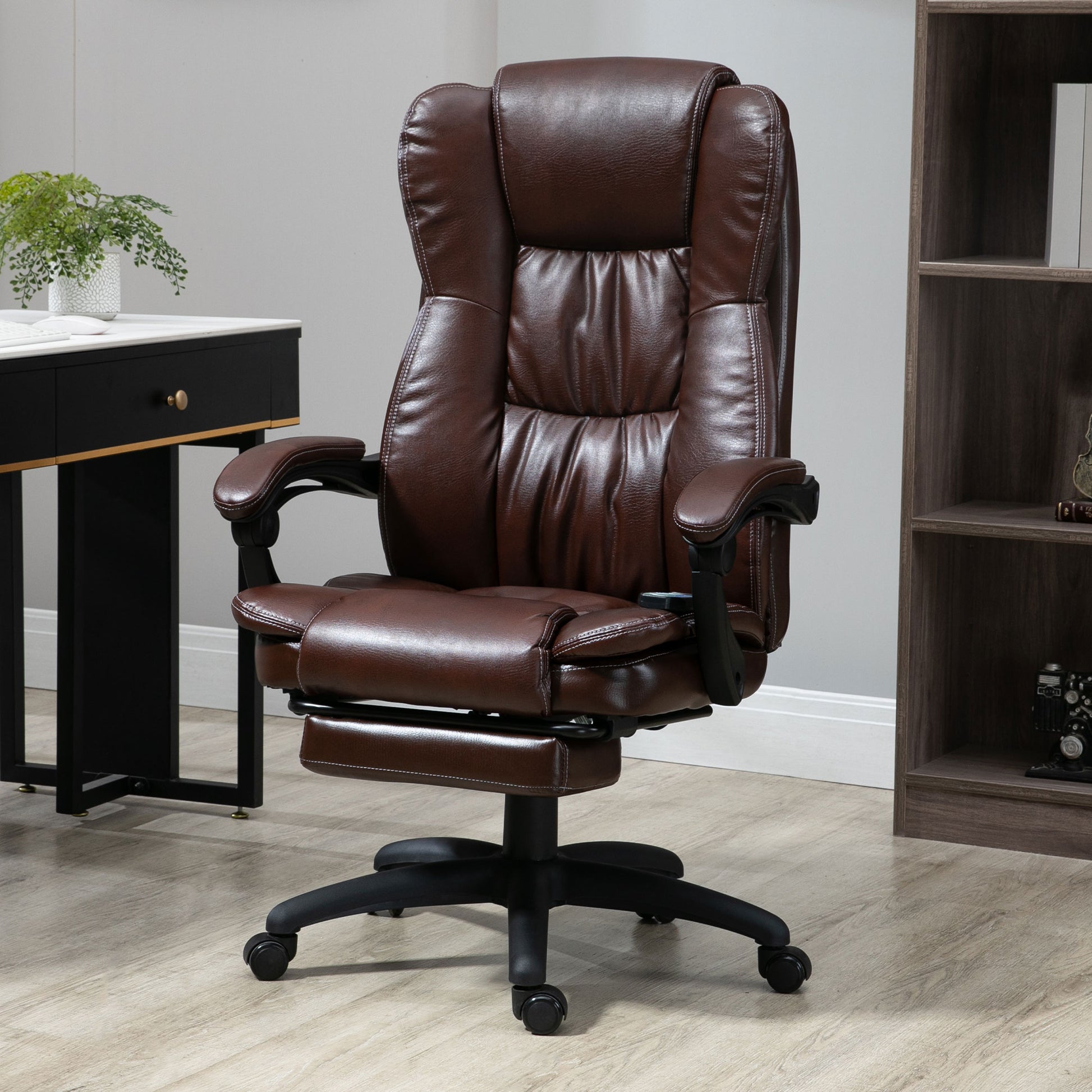 High Back Massage Office Chair With 6 Point Vibration, 5 Modes, Executive Chair, Pu Leather Swivel Chair With Reclining Back, And Retractable Footrest, Brown Brown Pu Leather