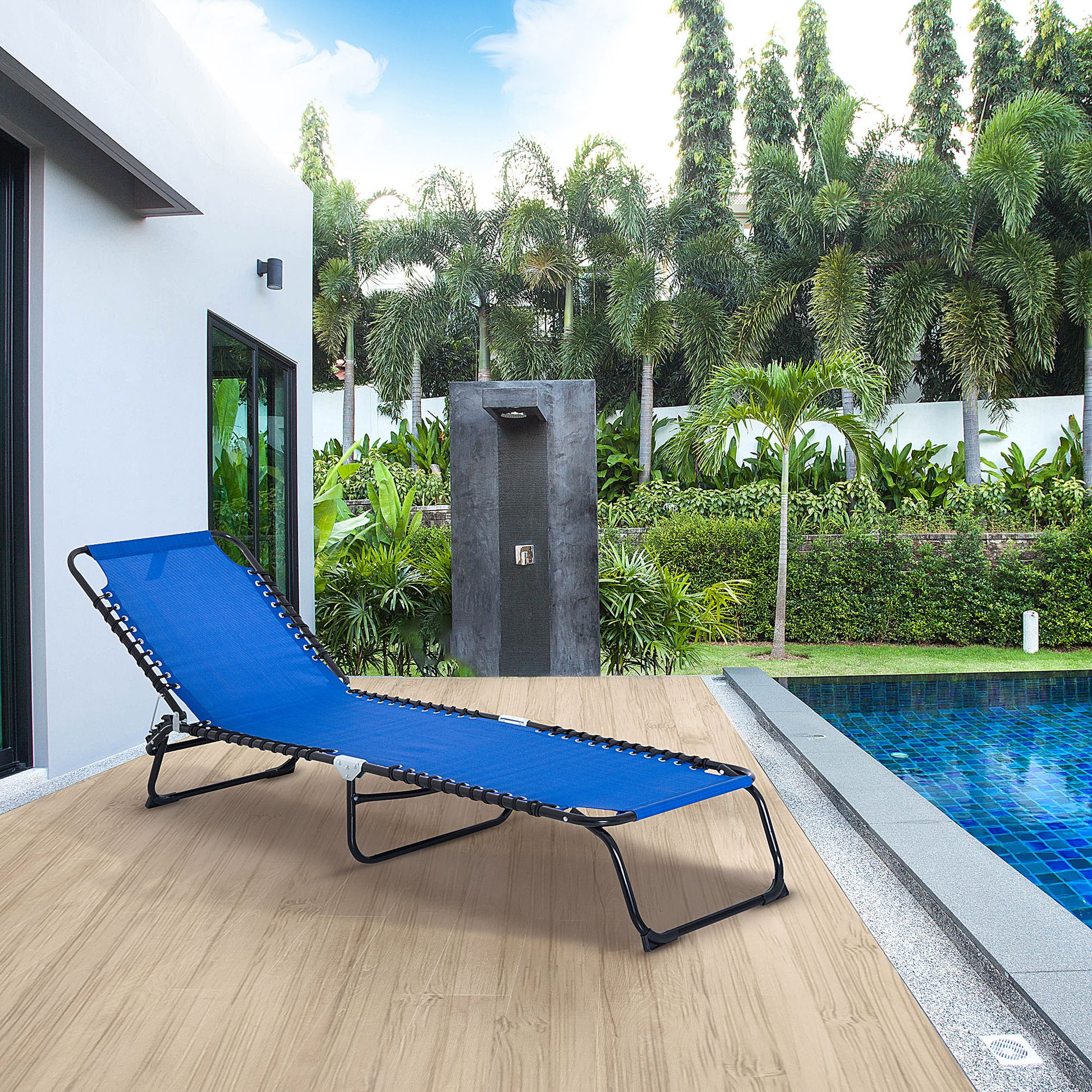 Folding Chaise Lounge Pool Chair, Patio Sun Tanning Chair, Outdoor Lounge Chair With 4 Position Reclining Back,Mesh Seat For Beach, Yard, Patio, Dark Blue Blue Steel