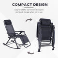 Outdoor Rocking Chairs, Foldable Reclining Anti Gravity Lounge Rocker W Pillow, Cup & Phone Holder, Combo Design W Folding Legs, Black Black Steel