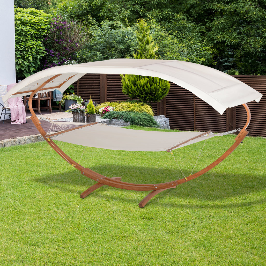 Outdoor Hammock With Stand & Accessories, Heavy Duty Wooden Frame, Extra Large Sun Shade Canopy, Indoor Outside Boho Style Nap Bed, Natural Cotton, White White Wood