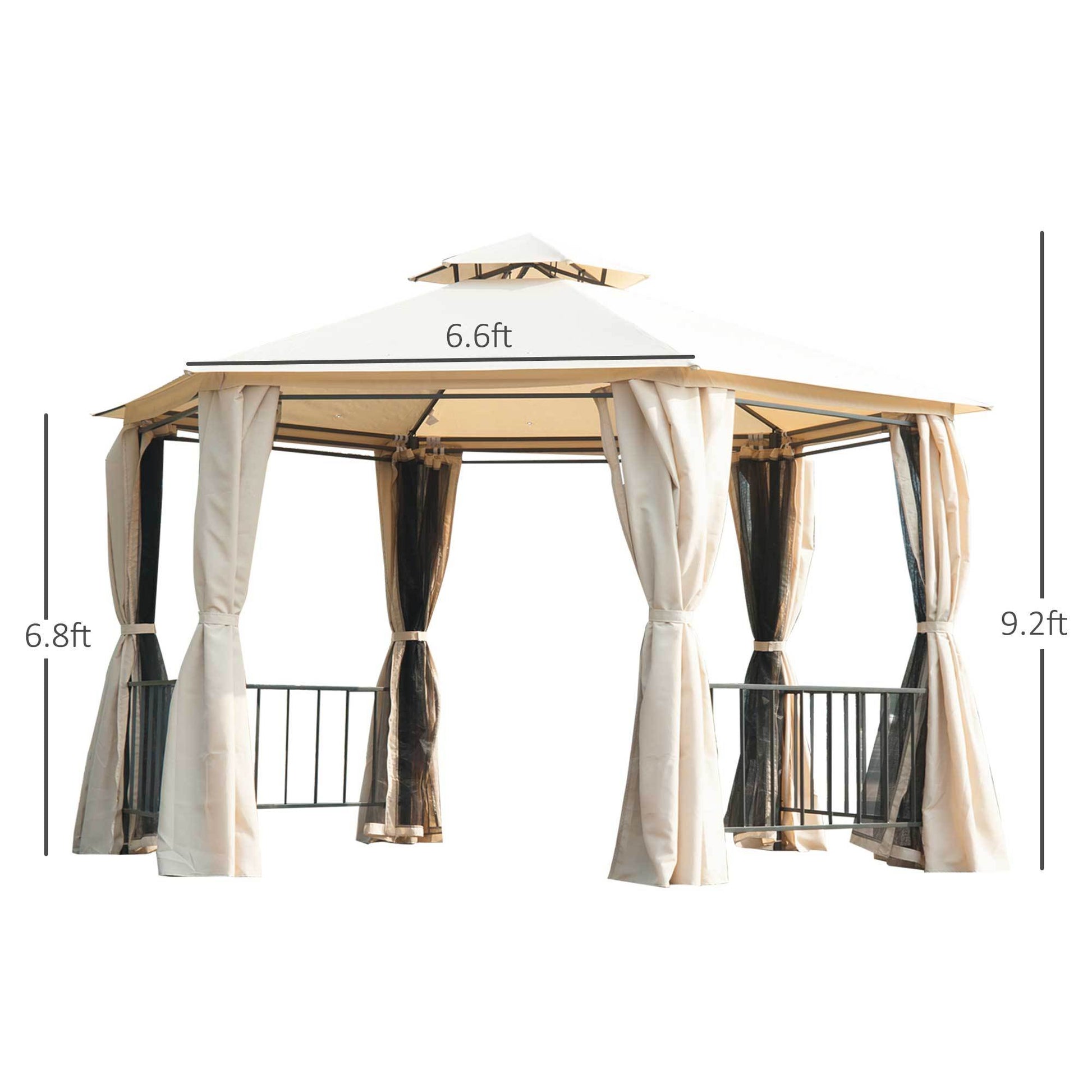 13' X 13' Patio Gazebo, Double Roof Hexagon Outdoor Gazebo Canopy Shelterwith Netting & Curtains, Solid Steel Frame For Garden, Lawn, Backyard And Deck, Beige Beige Steel