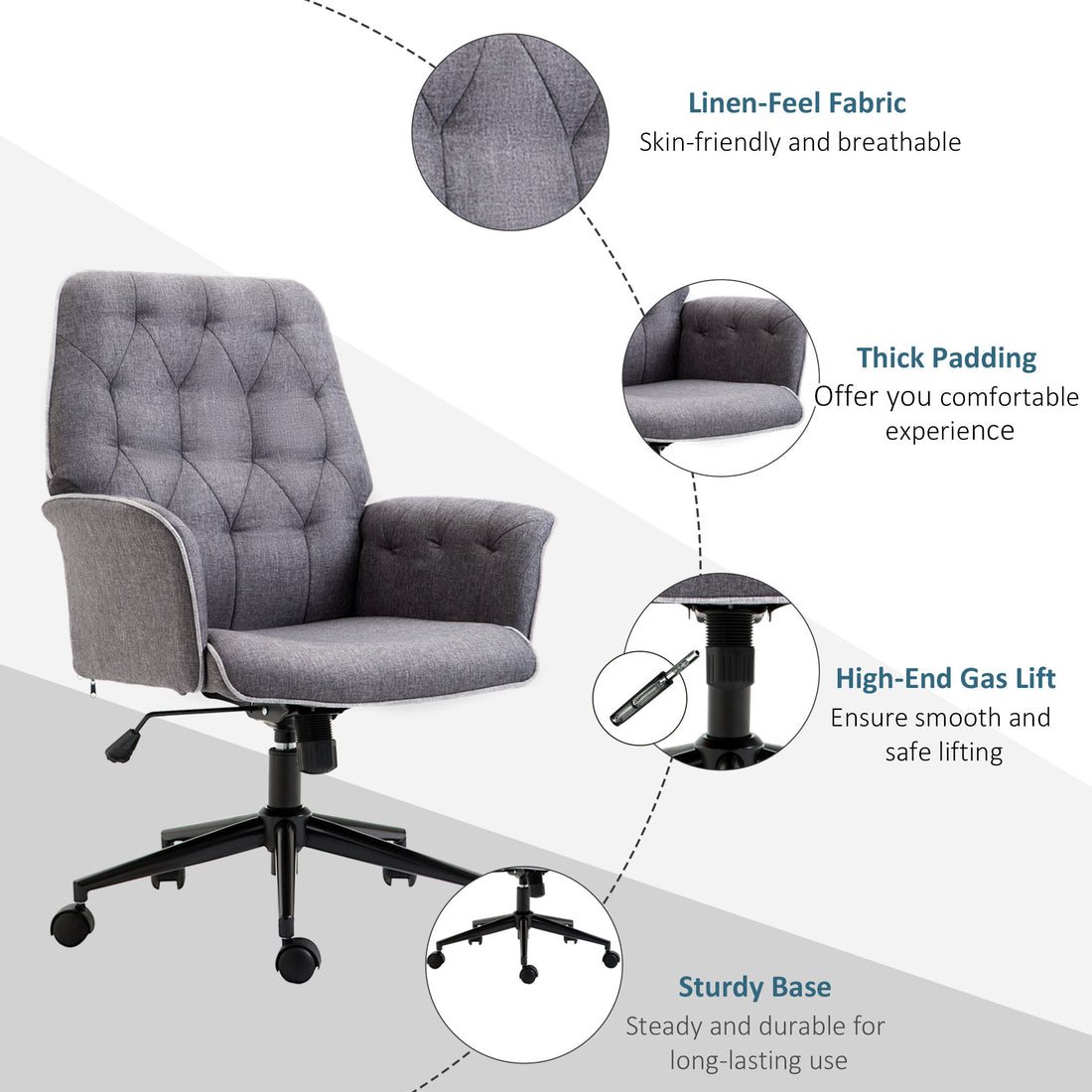 Linen Home Office Chair, Tufted Height Adjustable Computer Desk Chair With Swivel Wheels And Padded Armrests, Dark Gray Grey Fabric