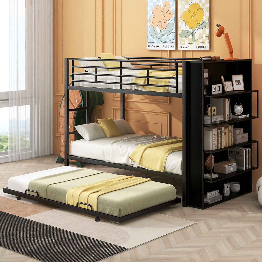 Metal Bunk Bed With Big Bookshelf, Twin, Black Black Metal
