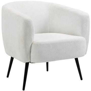 Teddy Fleece Fabric Accent Chair, Mid Century Modern Barrel Armchair With Metal Legs And Soft Padding, Upholstered Single Sofa Side Chair For Living Room, Cream Cream White Foam