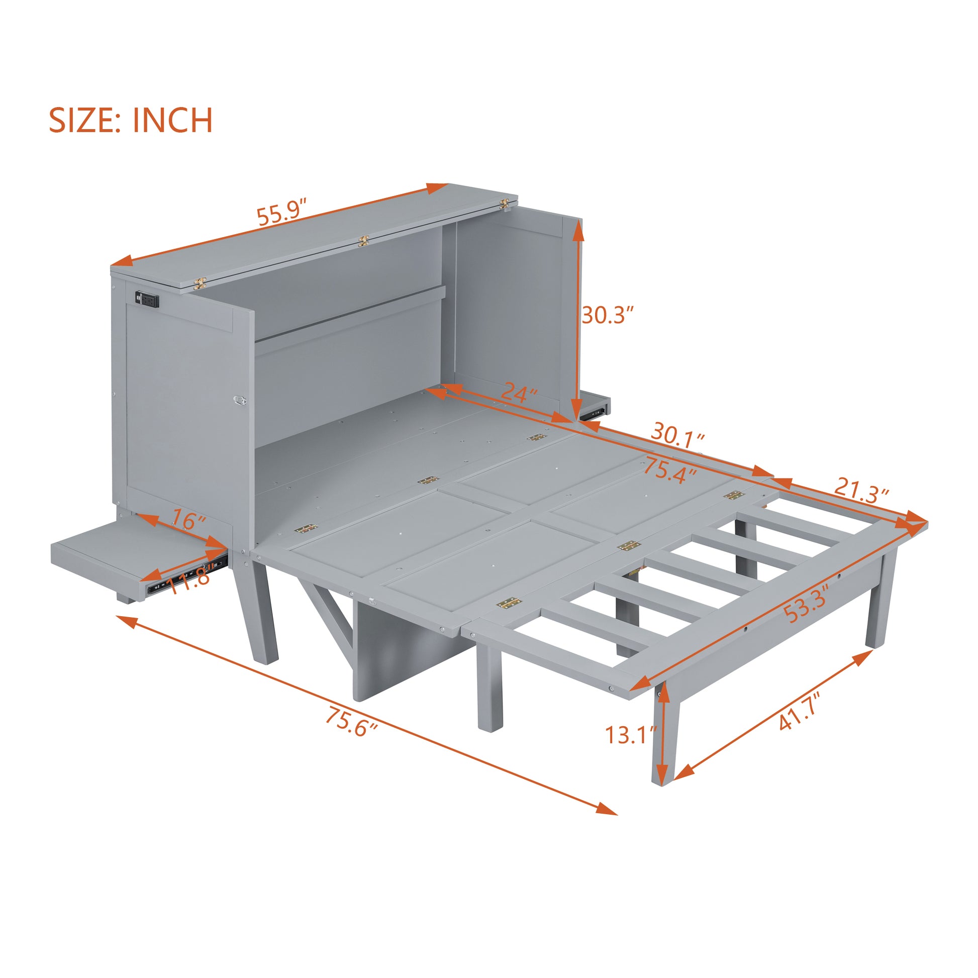 Full Size Murphy Bed With Usb Port And Removable Shelves On Each Side,Gray Gray Solid Wood Mdf