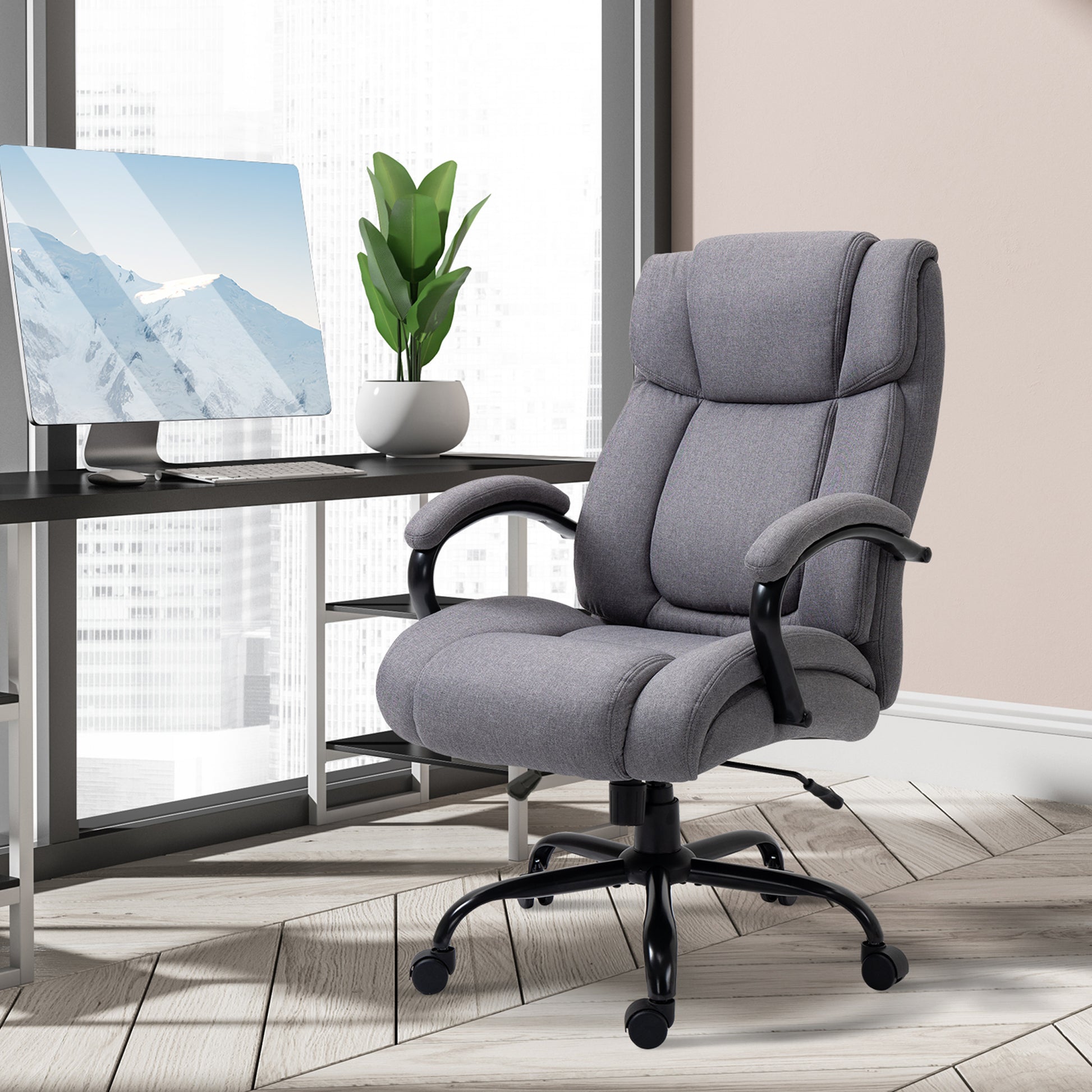 High Back Big And Tall Executive Office Chair 484Lbs With Wide Seat, Computer Desk Chair With Linen Fabric, Adjustable Height, Swivel Wheels, Light Grey Light Grey Polyester