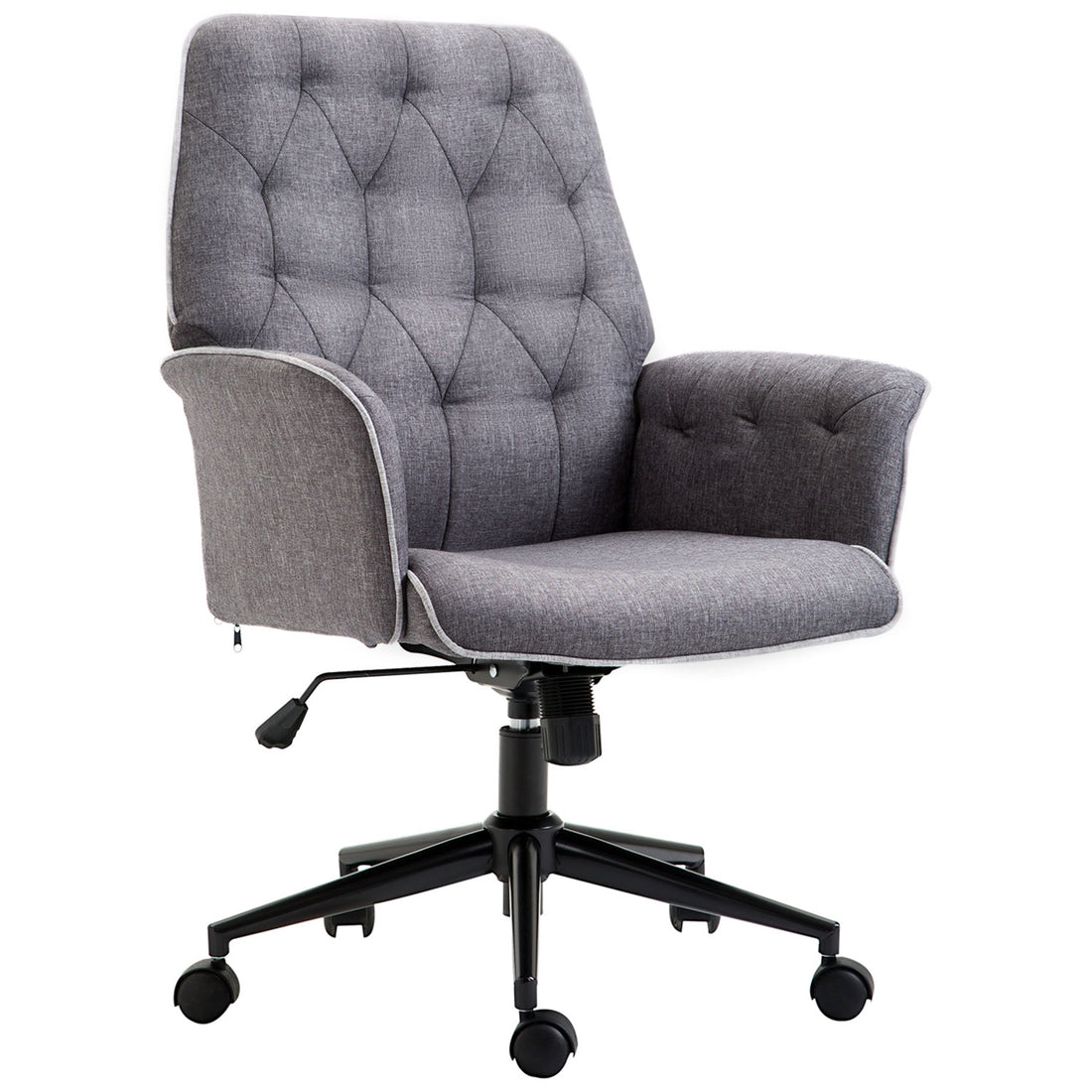 Linen Home Office Chair, Tufted Height Adjustable Computer Desk Chair With Swivel Wheels And Padded Armrests, Dark Gray Grey Fabric