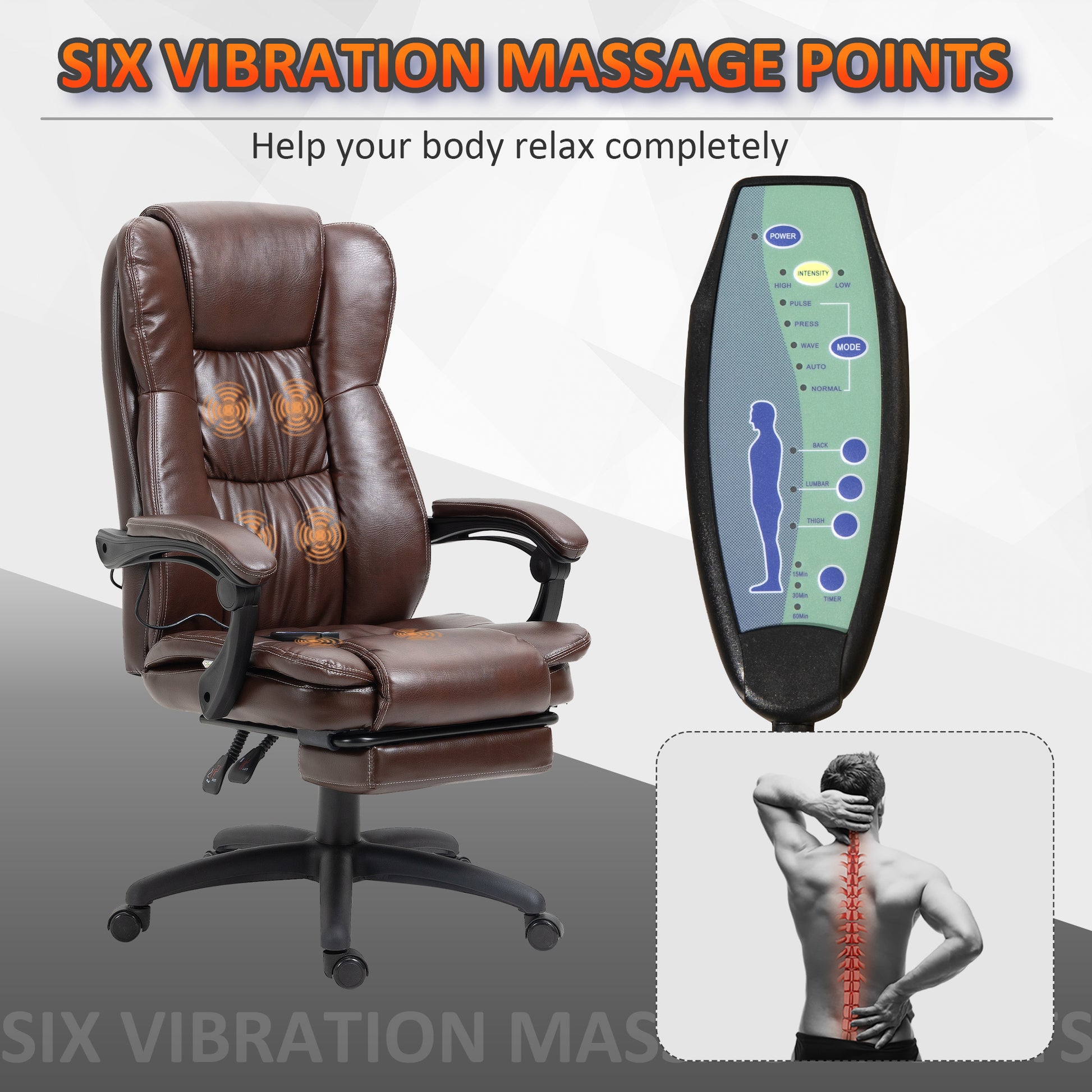 High Back Massage Office Chair With 6 Point Vibration, 5 Modes, Executive Chair, Pu Leather Swivel Chair With Reclining Back, And Retractable Footrest, Brown Brown Pu Leather