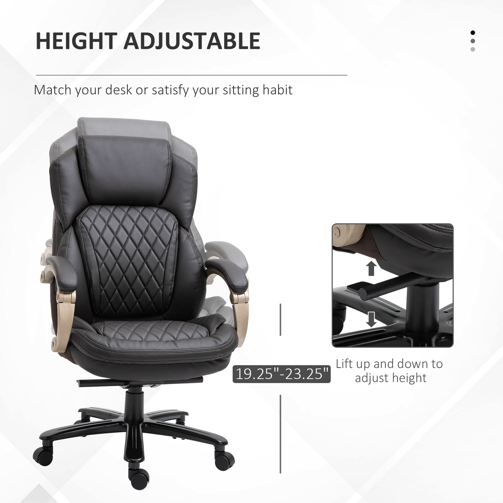 Big And Tall Executive Office Chair With Wide Seat, Computer Desk Chair With High Back Diamond Stitching, Adjustable Height & Swivel Wheels, Brown Brown Pu Leather