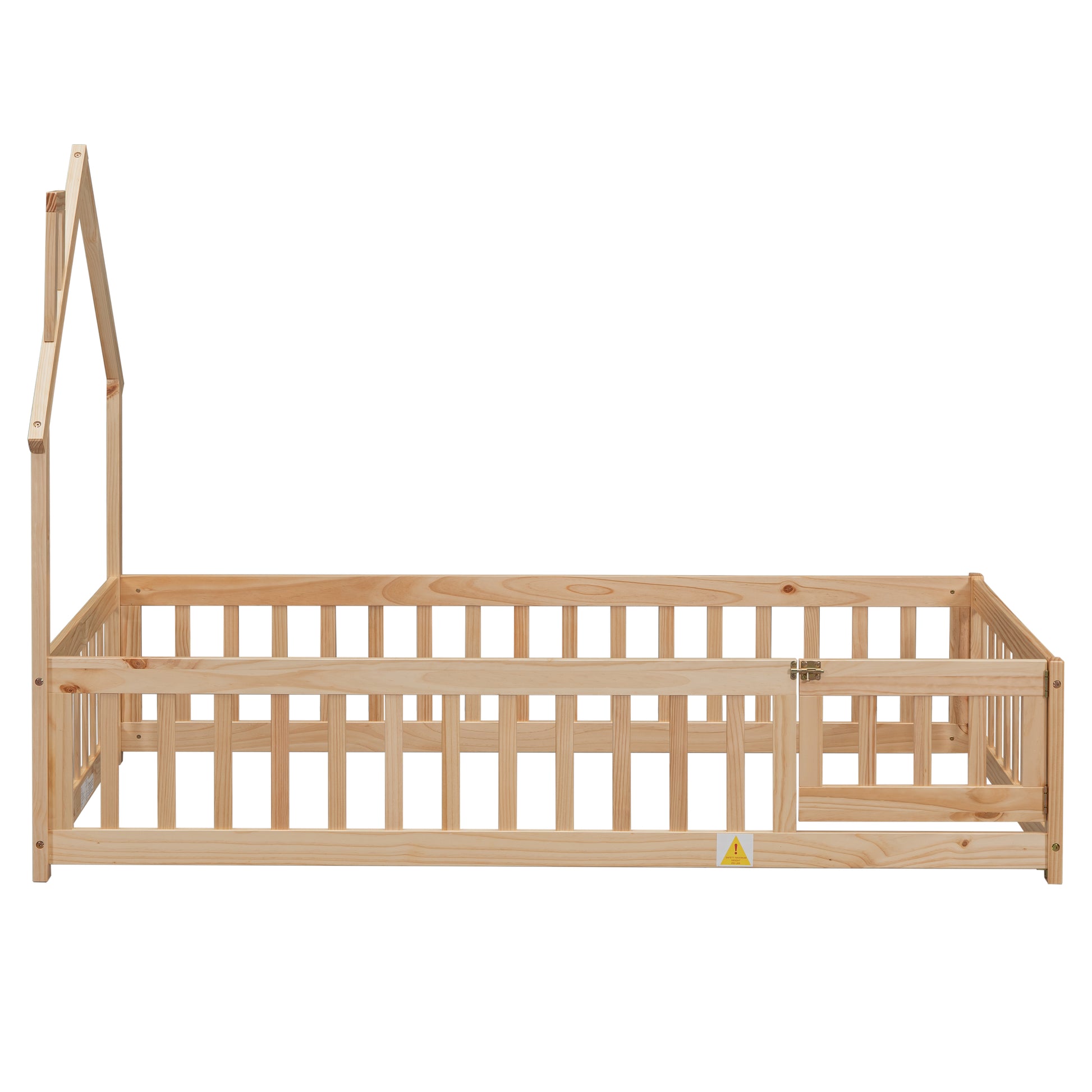 Twin House Shaped Headboard Floor Bed With Fence,Natural Twin Natural Wood Bedroom American Design Pine Bed Frame Pine