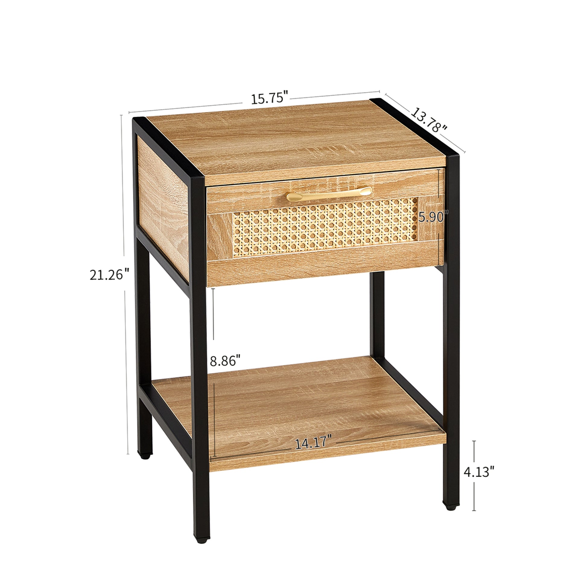 Set Of 2, 15.74" Rattan End Table With Drawer, Modern Nightstand, Metal Legs,Side Table For Living Room, Bedroom,Natural Natural Mdf Metal
